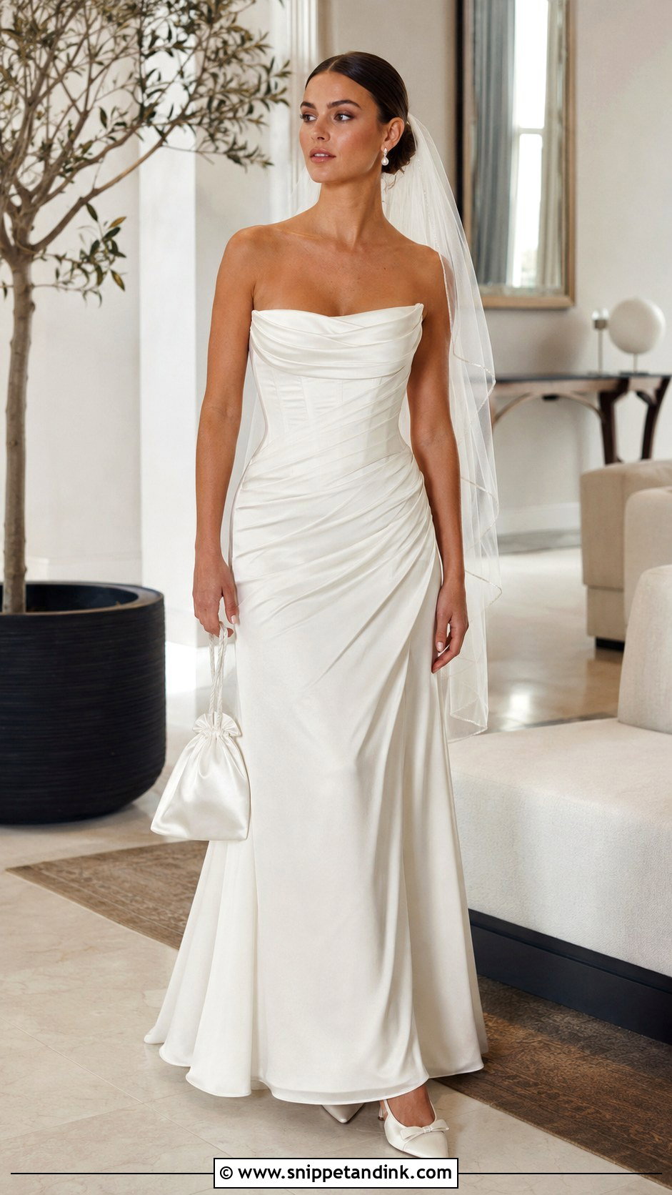 Draped Corset KYHA Wedding Dress With Pearl Earrings - Snippet and Ink - 20 Khya Studios Wedding Dress Ideas