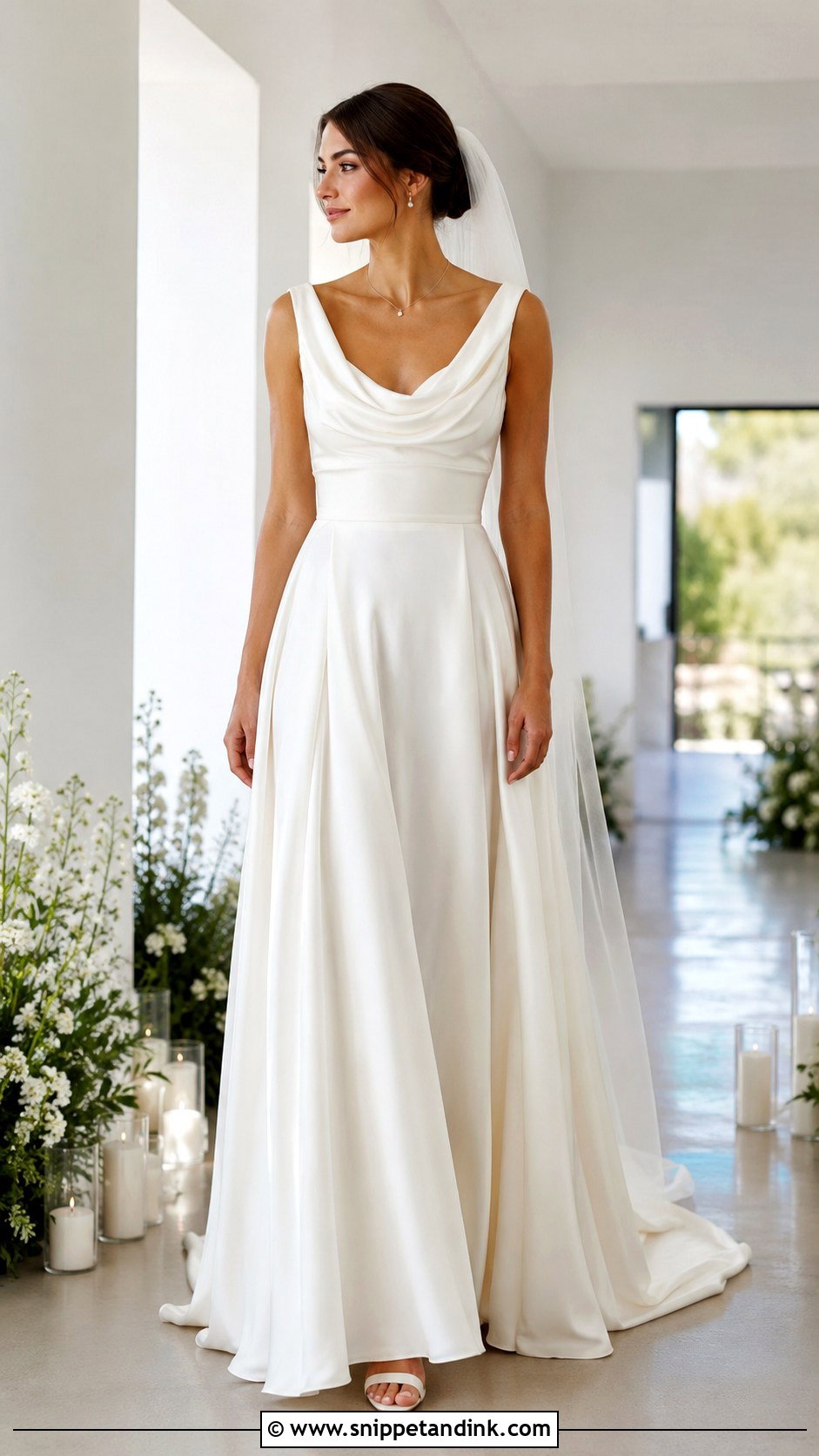 Draped Cowl Neck A Line Wedding Dress - Snippet and Ink - 20 Inverted Triangle Wedding Dress Ideas