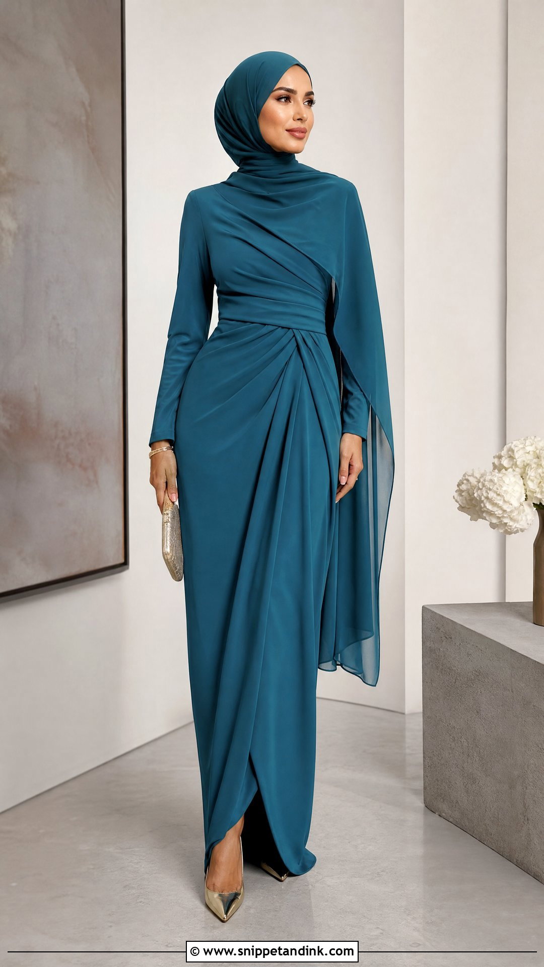 Draped Maxi Dress With Sleek Hijab - Snippet and Ink - 25 Dresses to Wear to a Wedding Hijab