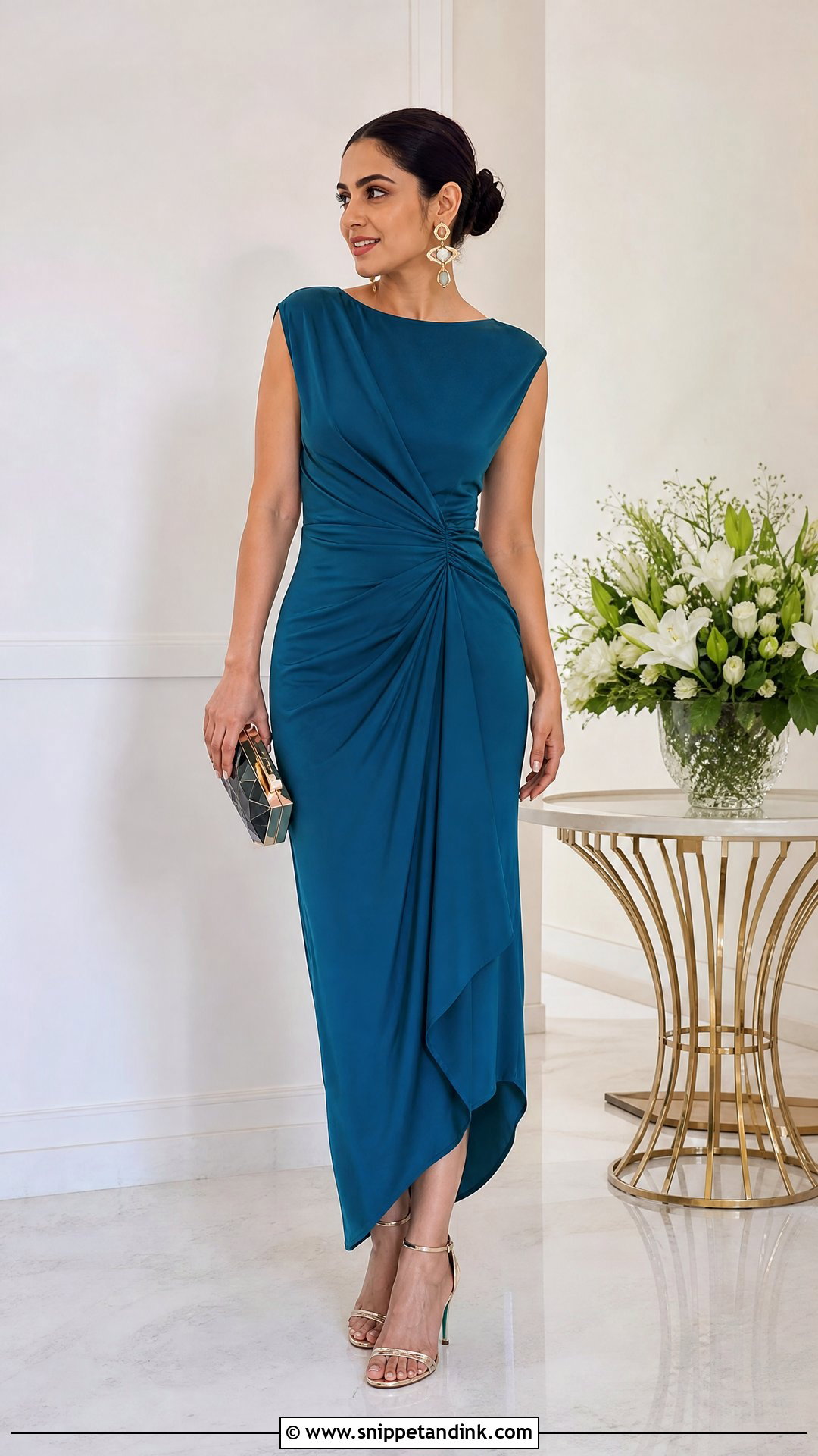 Draped Midi Dress Wedding Outfit - Snippet and Ink - 20 Sister’s Wedding Outfit Ideas
