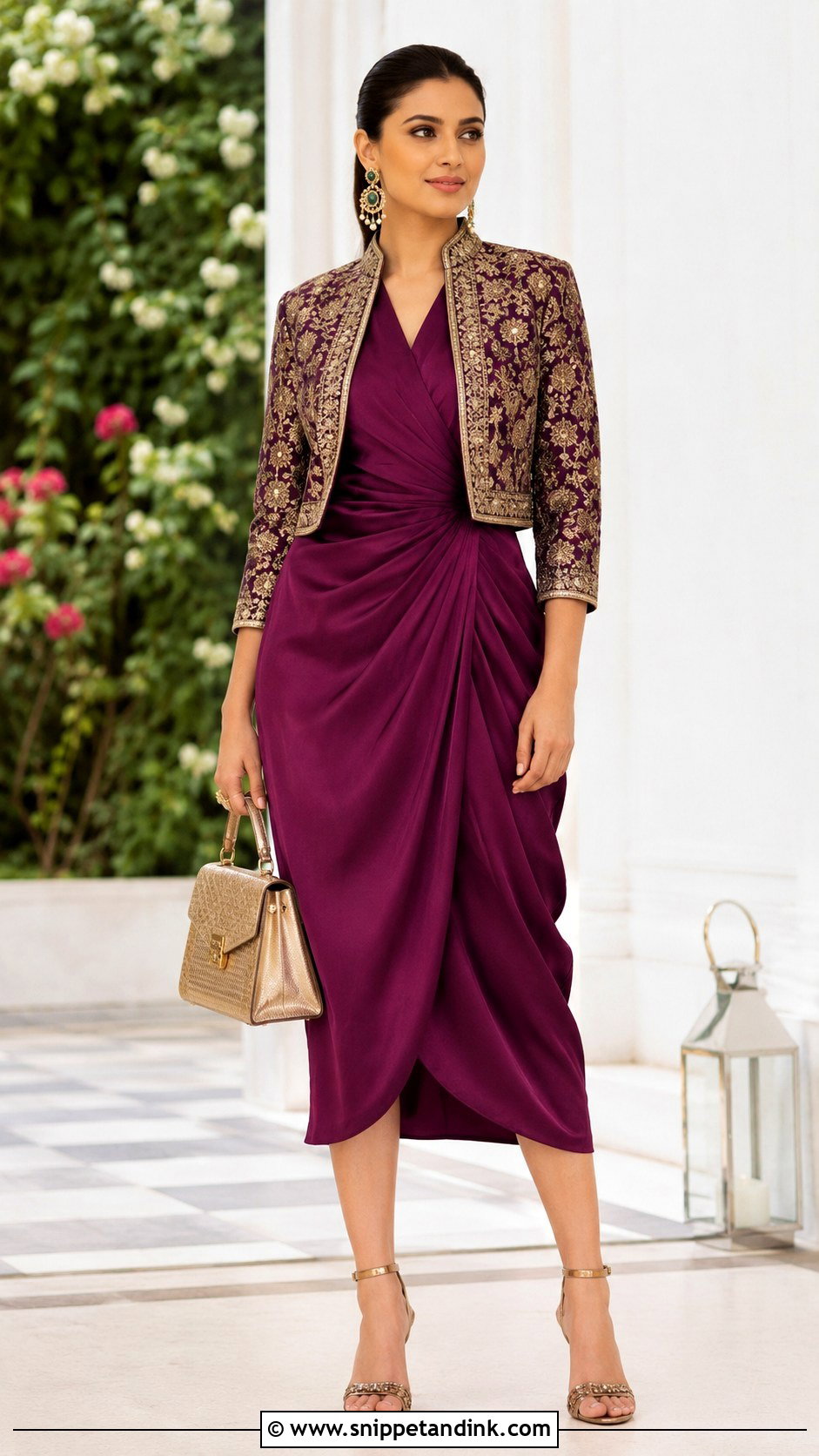 Draped Midi Dress With Ethnic Jacket - Snippet and Ink - 20 Latest Indo Western Wedding Outfits