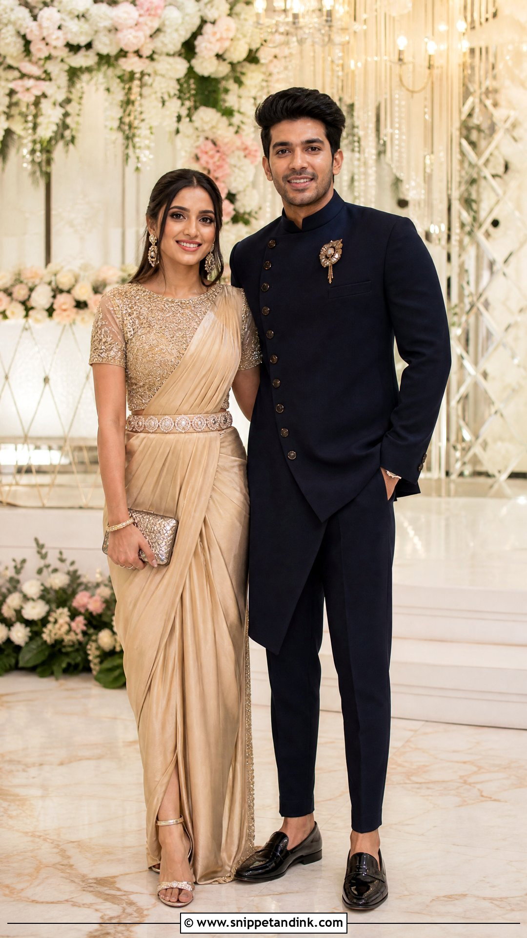 Draped Saree And Asymmetrical Groom Sherwani - Snippet and Ink - 25 Indian Wedding Couple Dress Ideas