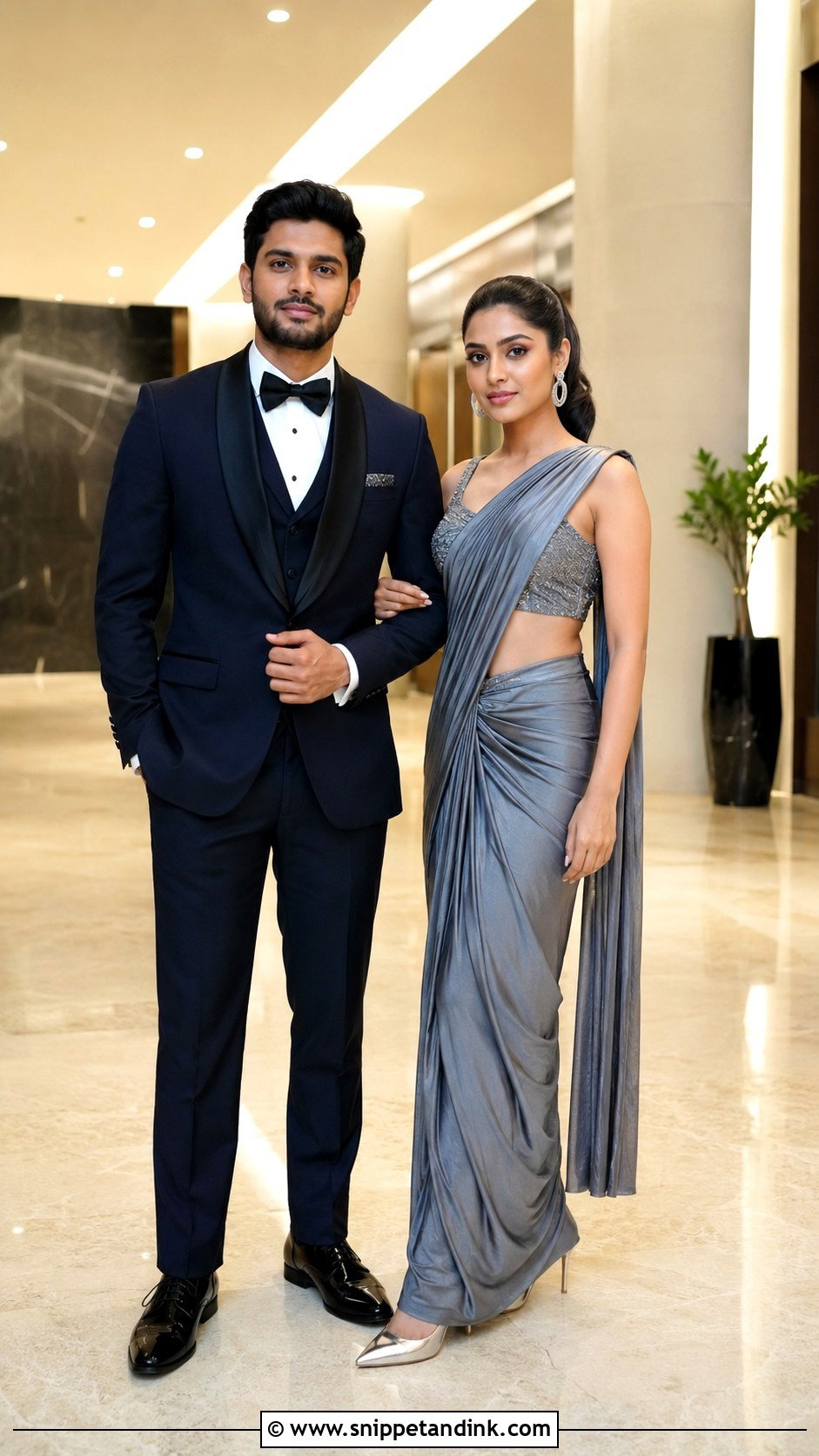Draped Saree And Tuxedo Pre Wedding Shoot Outfit - Snippet and Ink - 20 Indian Pre Wedding Shoot Outfit Ideas