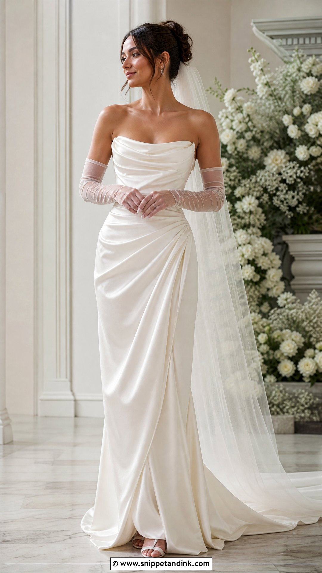 Draped Satin Wedding Dress With Sheer Gloves - Snippet and Ink - 20 Satin Wedding Dress with Gloves Ideas