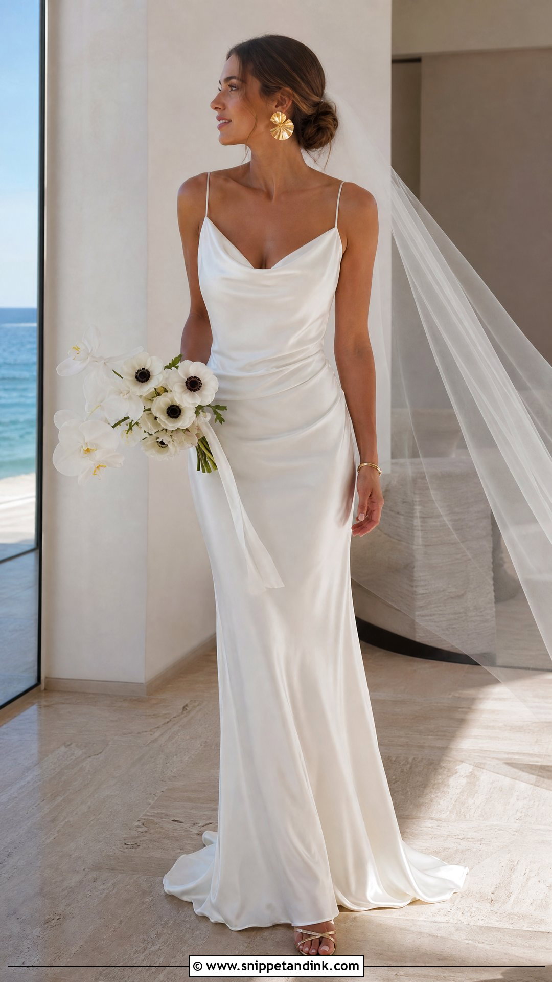 Draped Silk Slip Wedding Dress With Gold Jewelry - Snippet and Ink - 20 Silk Slip Wedding Dress Ideas