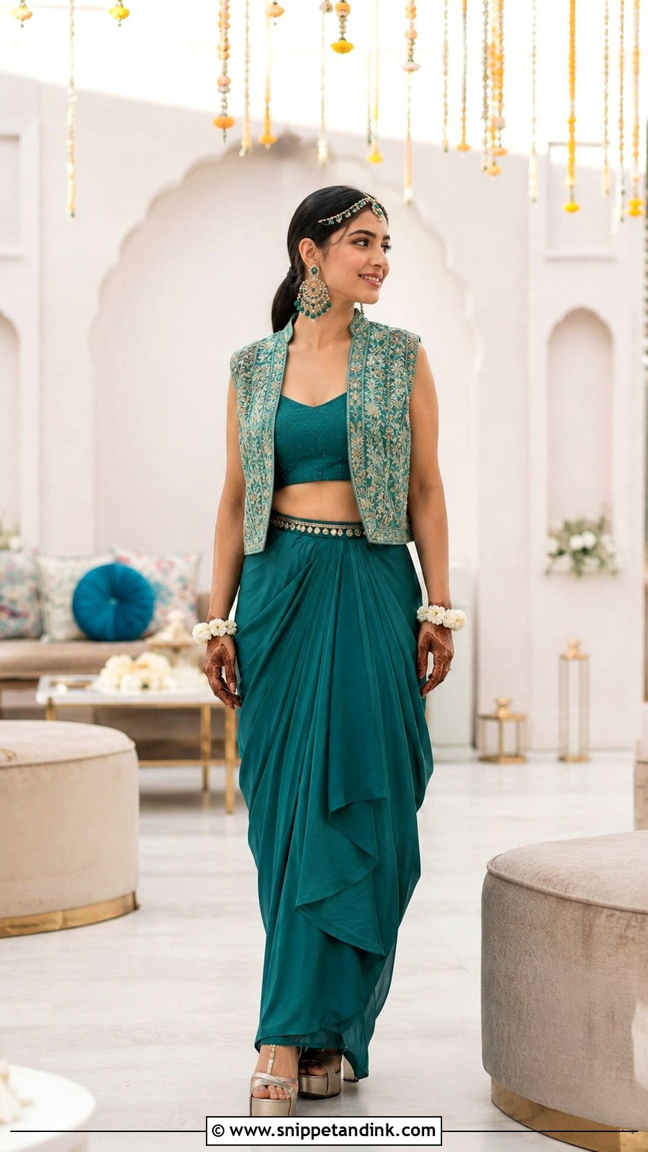 Draped Skirt And Jacket Mehandi Night Outfit - Snippet and Ink - 20 Mehandi Night Dress for Bride Ideas
