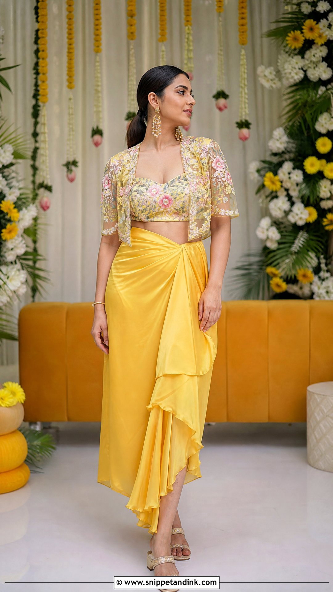 Draped Skirt and Crop Top for Haldi Ceremony - Snippet and Ink - 20 Haldi Ceremony Outfit for Sister Ideas