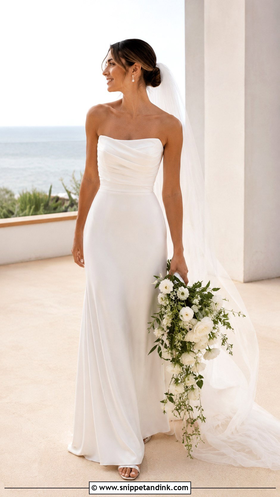 Draped Tube Wedding Dress With Low Bun - Snippet and Ink - 20 Tube Wedding Dress Ideas