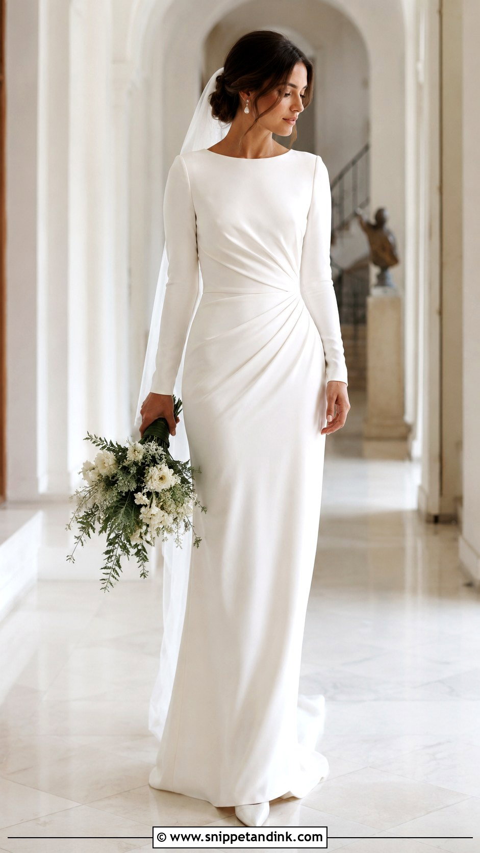 Draped Waist Minimal Long Sleeve Wedding Dress - Snippet and Ink - 20 Minimal Wedding Dress Long Sleeve Ideas