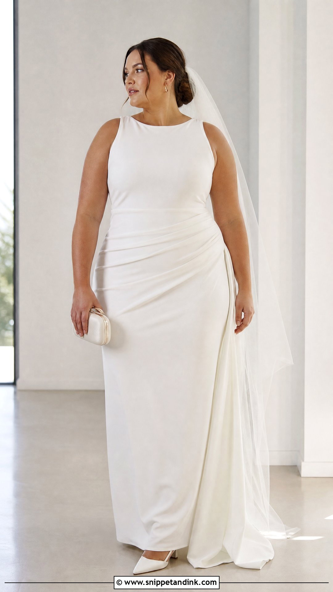 Draped Waist Wedding Dress With Simple Accessories - Snippet and Ink - 20 Sleek Wedding Dresses