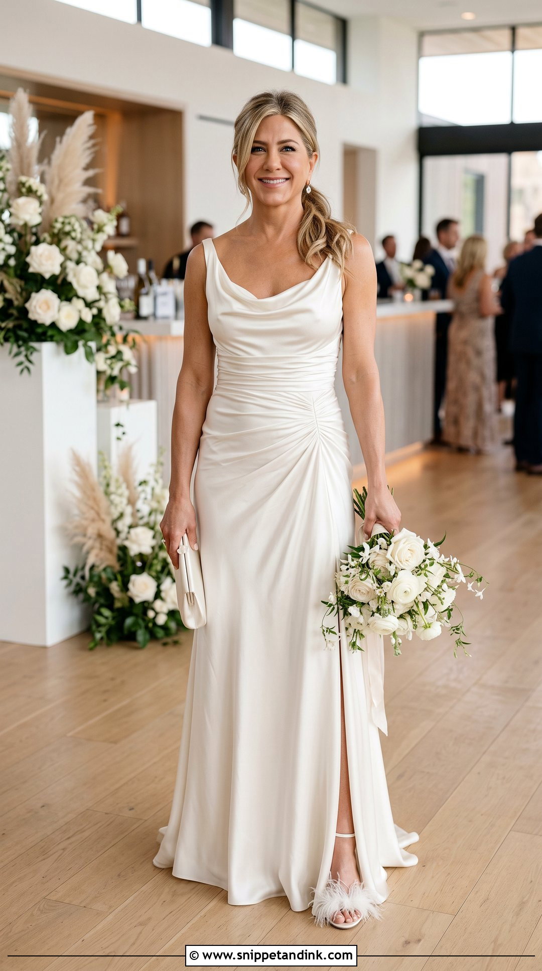 Draped Wedding Dress With Feathered Sandals - Snippet and Ink - 20 Jennifer Aniston Wedding Dress Ideas