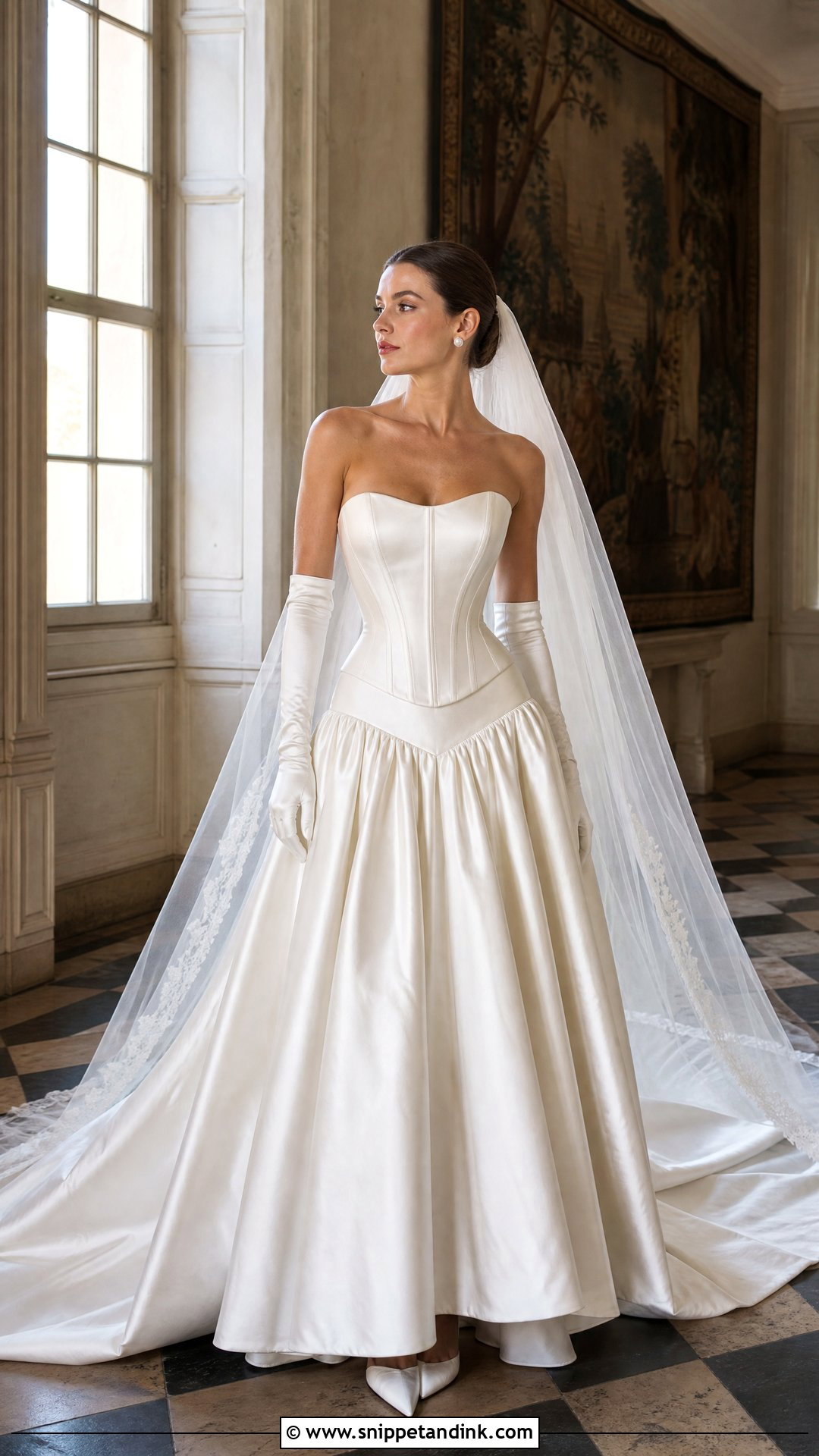 Drop Waist Corset Wedding Dress With Satin Gloves - Snippet and Ink - 20 Timeless Corset Wedding Dress Ideas