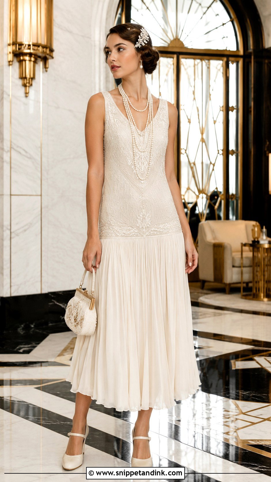 Drop Waist Flapper Wedding Dress With Pearl Accessories - Snippet and Ink - 20 Flapper Wedding Dress Ideas