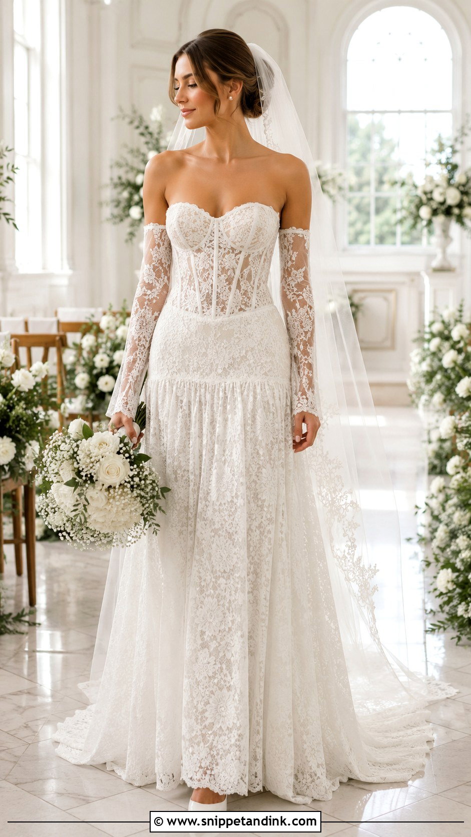 Drop Waist Lace Wedding Dress With Detachable Sleeves - Snippet and Ink - 20 Drop Waist Lace Wedding Dress Ideas