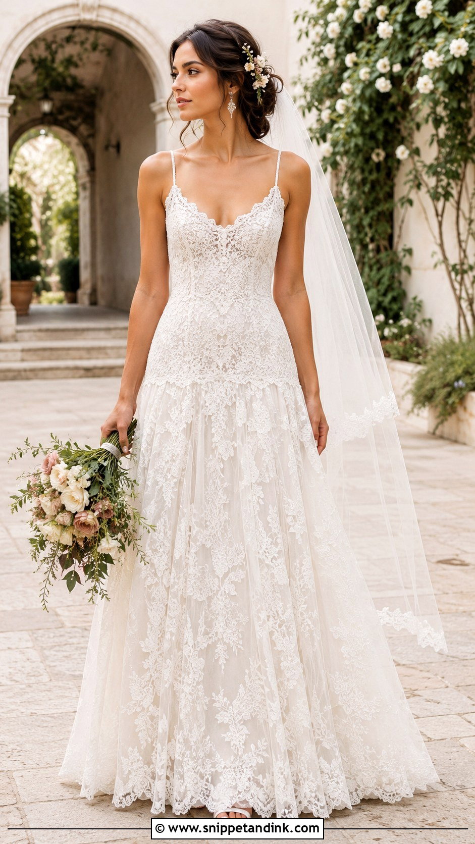 Drop Waist Lace Wedding Dress With Thin Straps - Snippet and Ink - 20 Drop Waist Lace Wedding Dress Ideas