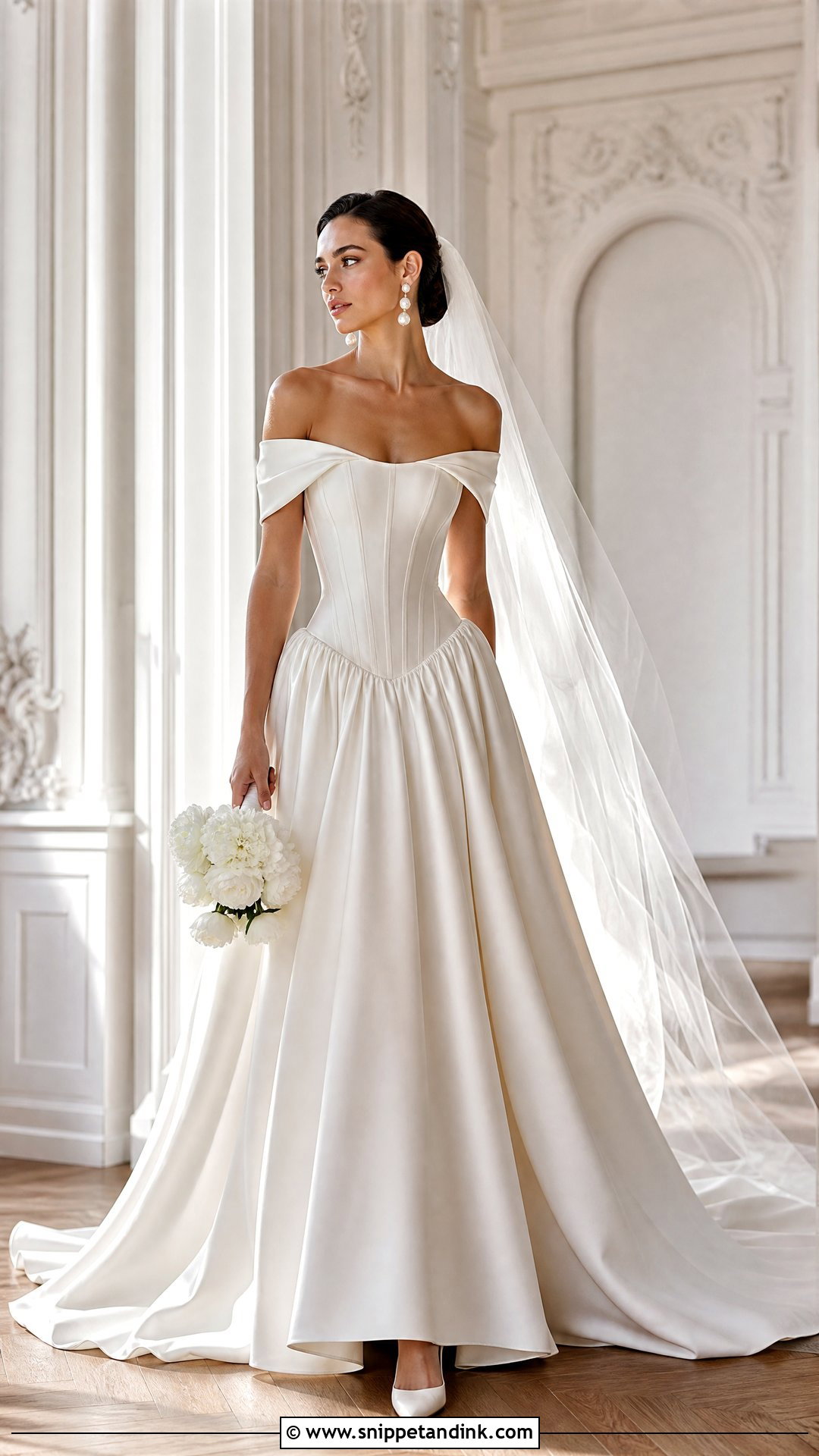 Drop Waist Off Shoulder Bridal Gown - Snippet and Ink - 20 Off Shoulder Bridal Gown Ideas