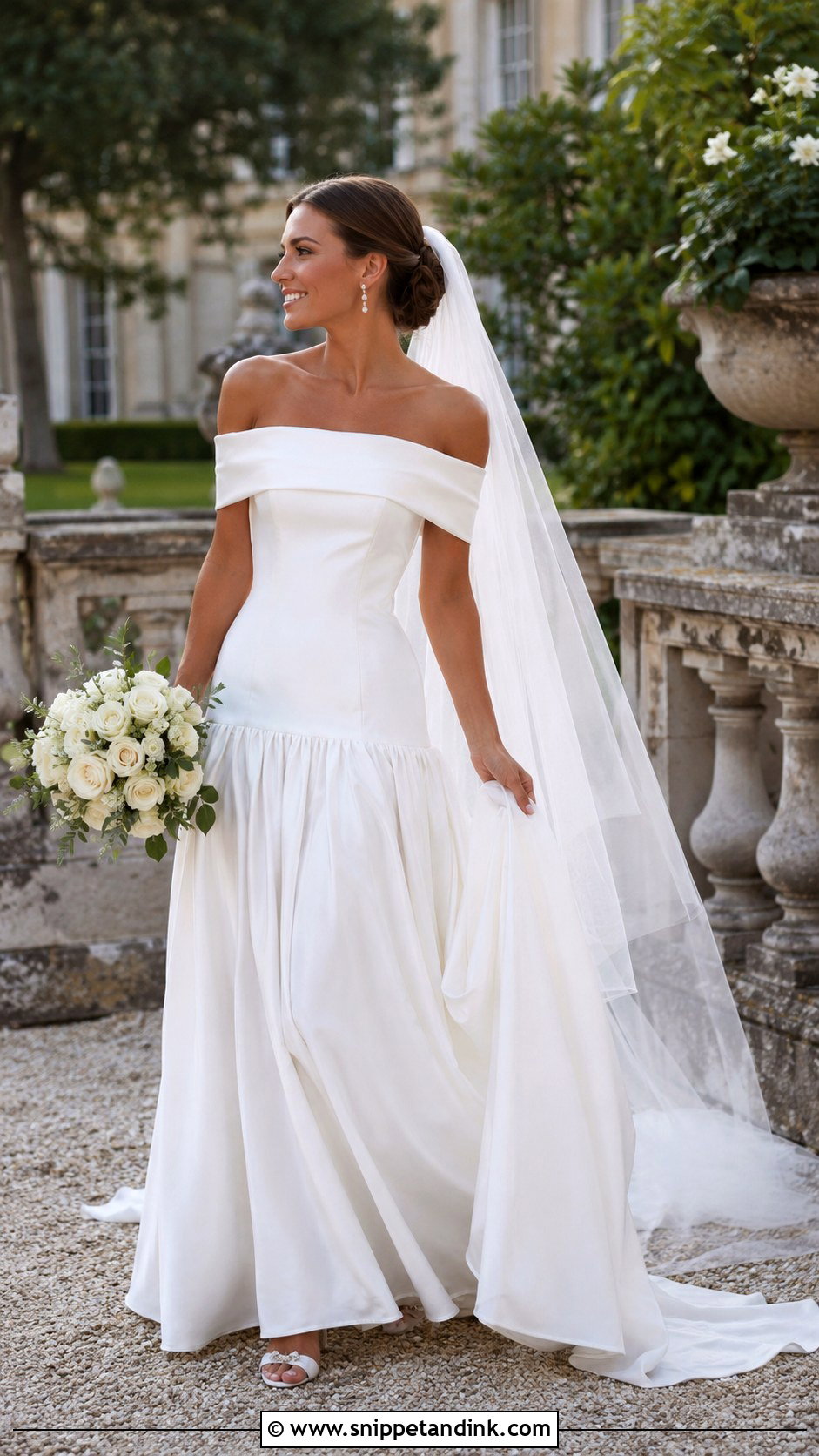 Drop Waist Off Shoulder Wedding Dress - Snippet and Ink - 25 Dropped Waist Wedding Dress Ideas