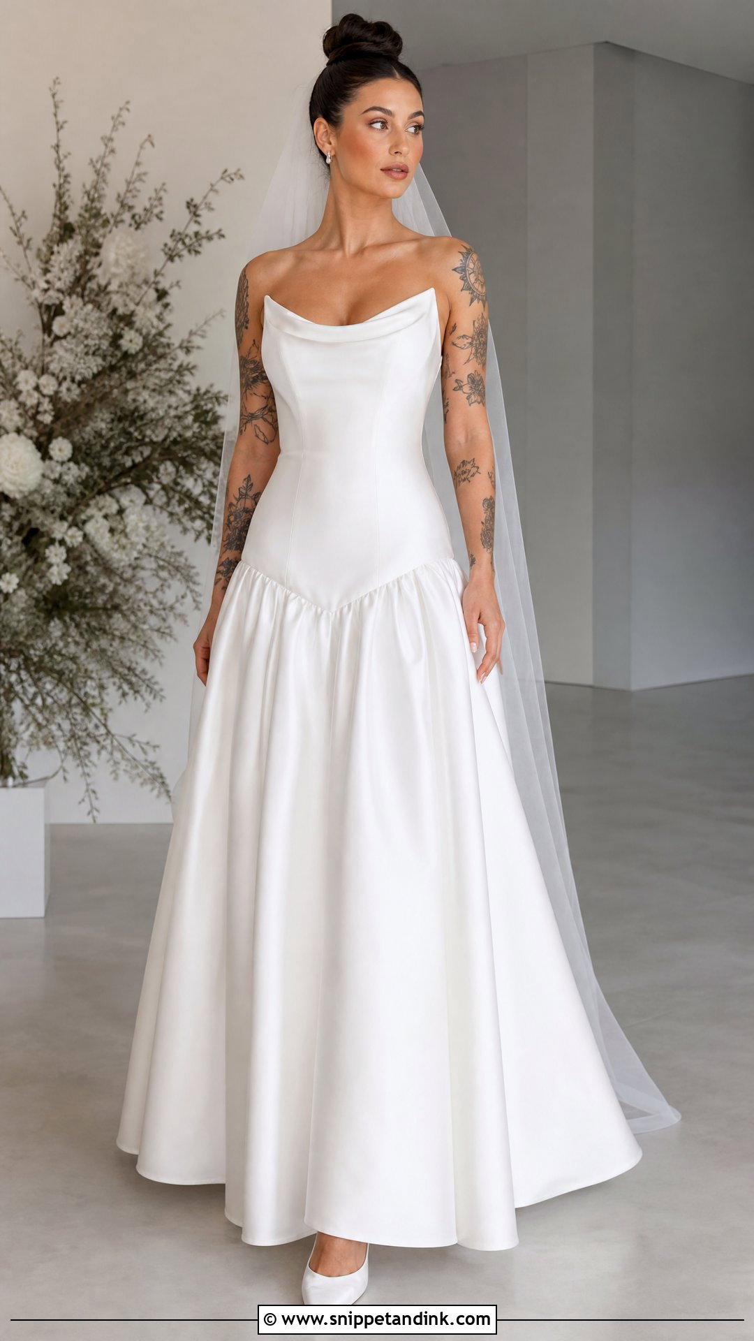 Drop Waist Satin Wedding Dress - Snippet and Ink - 20 Wedding Dresses Tattooed Women
