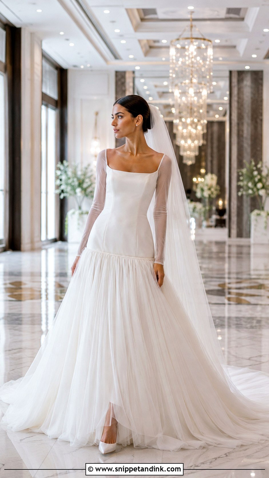 Drop Waist Tulle Long Sleeve Wedding Dress - Snippet and Ink - 20 Long Sleeve Flowy Wedding Dress Ideas