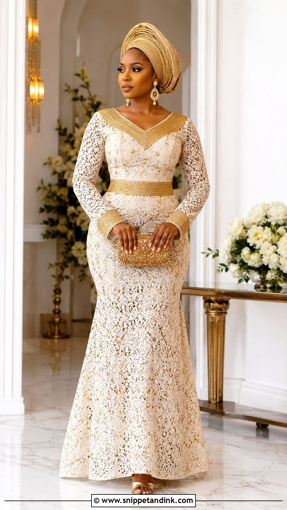 Dry Lace Gown With Aso Oke Accents - Snippet and Ink - 20 Dry Lace Gown Styles