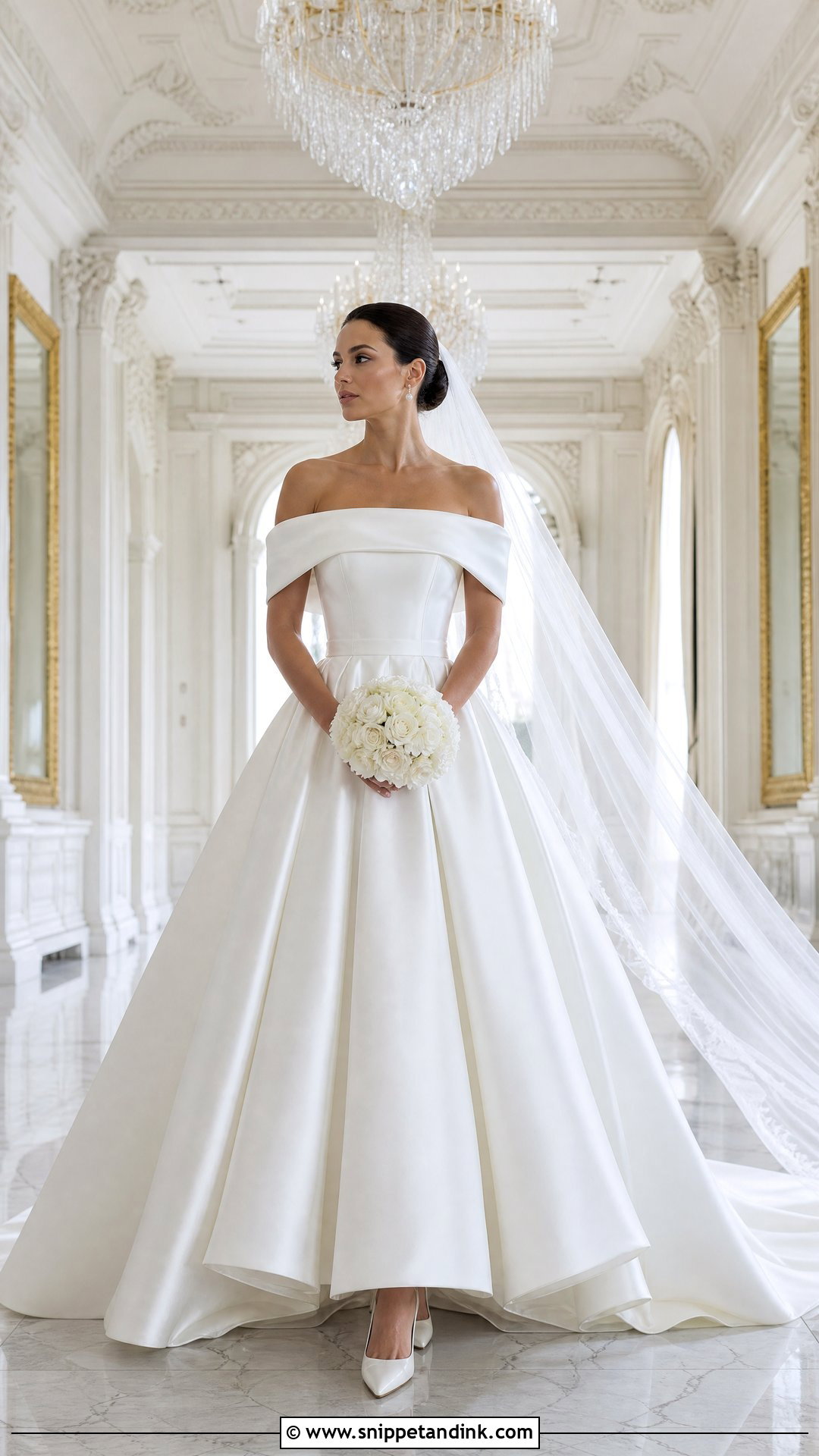 Duchess Satin Off Shoulder Wedding Dress - Snippet and Ink - 20 Wedding Dress Material Ideas