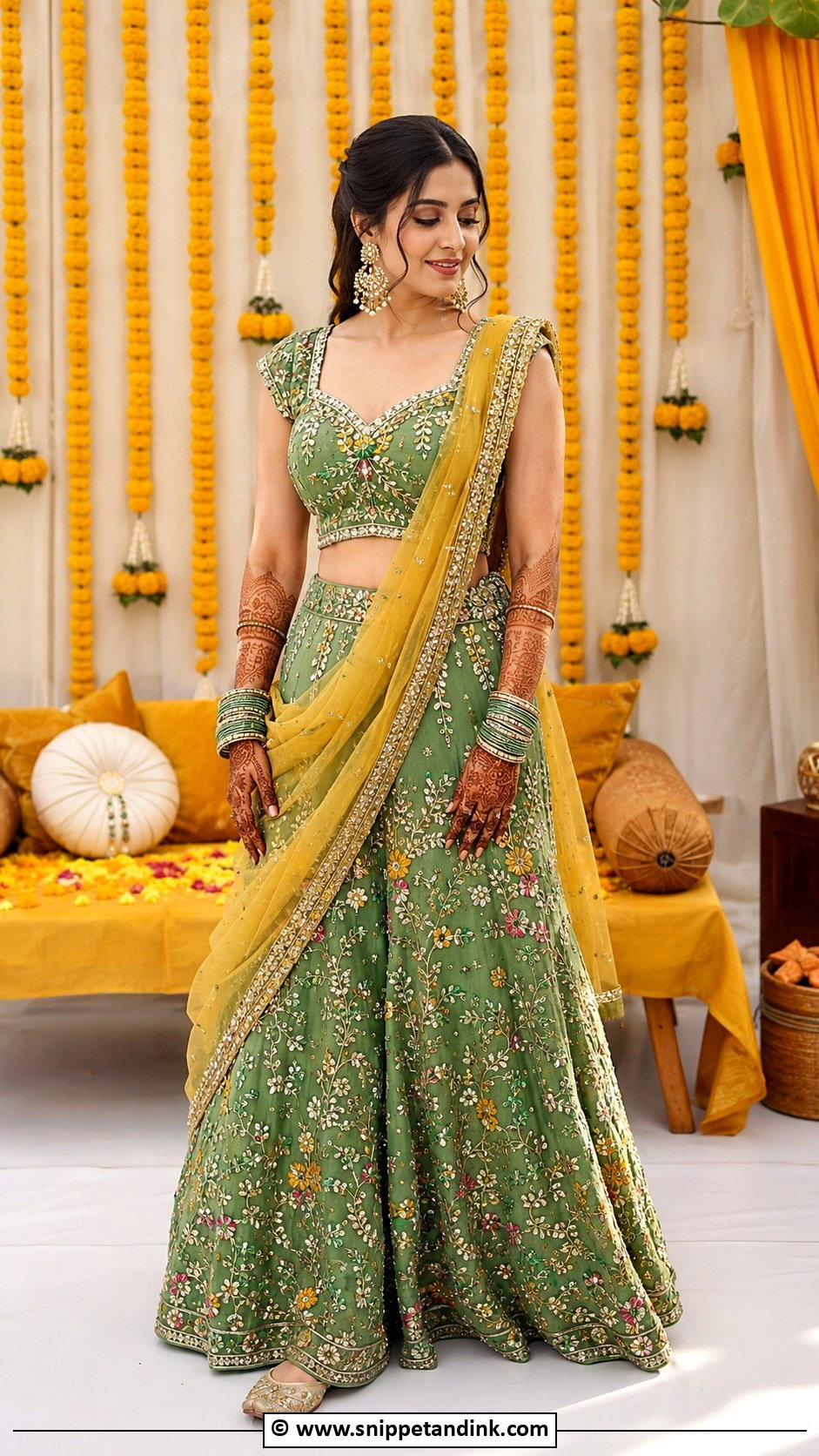 Dupatta Draped Lehenga For Mehandi - Snippet and Ink - 25 Mehandi Outfit Ideas