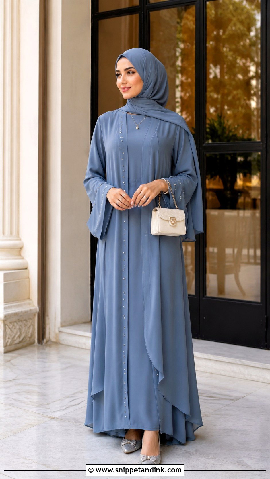 Dusty Blue Abaya Set Outfit - Snippet and Ink - 30 Eid Mubarak Outfit Ideas