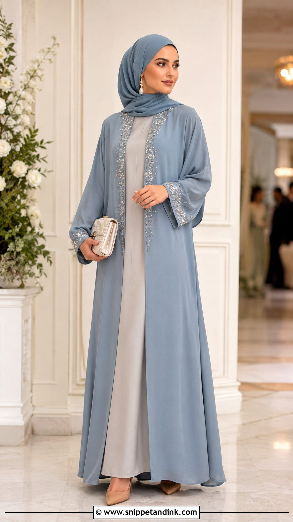 Dusty Blue Abaya With Pearl Accessories - Snippet and Ink - 25 Abaya Wedding Dress Ideas