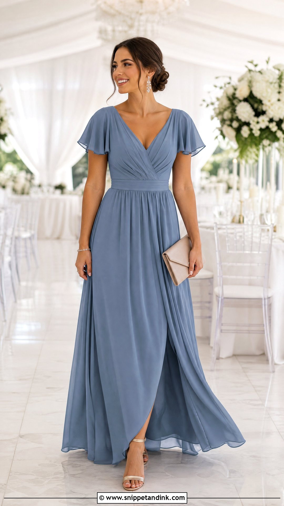 Dusty Blue Bridesmaid Dress With Golden Heels - Snippet and Ink - 25 Golden Heels Wedding Ideas