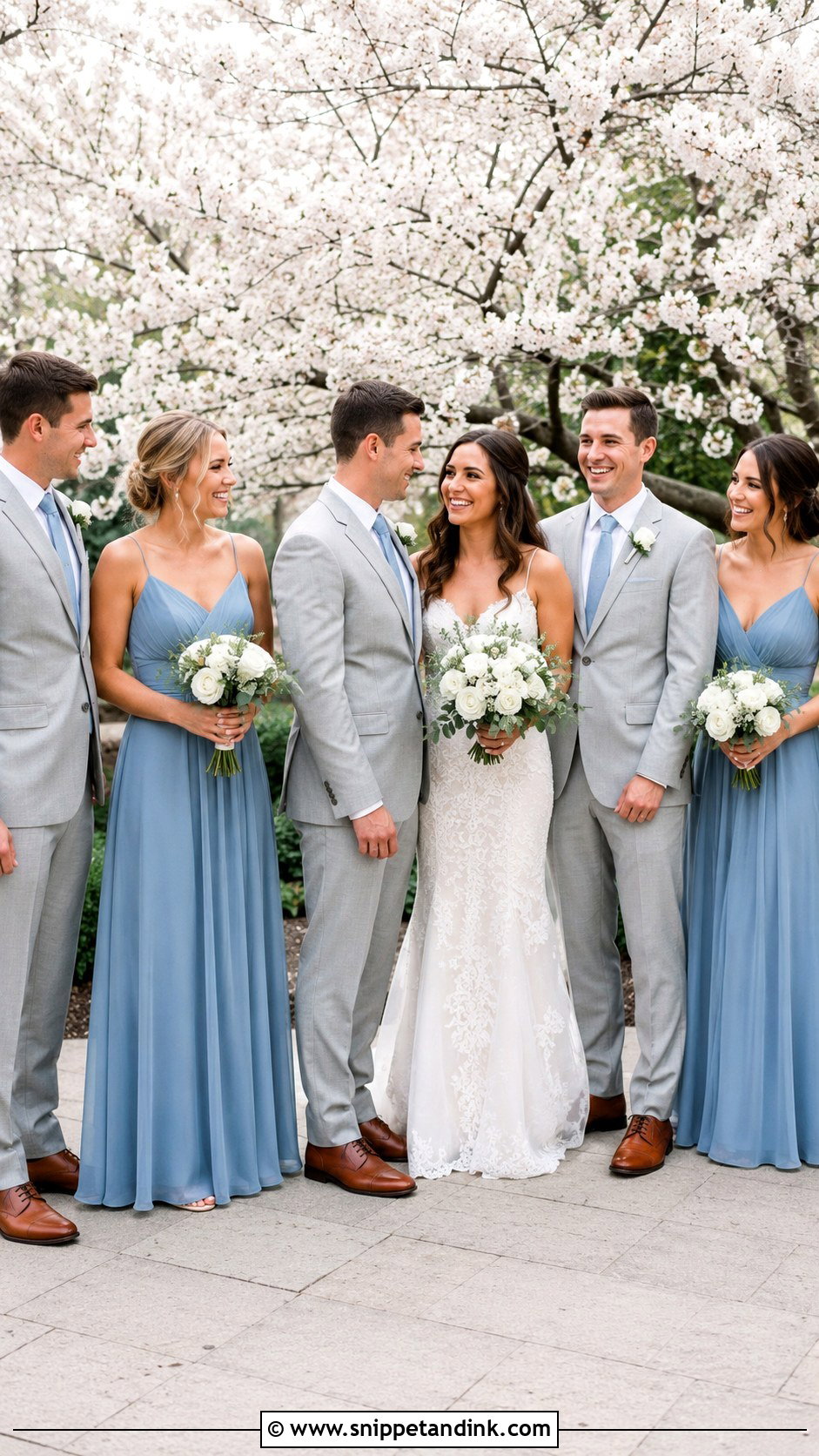 Dusty Blue Bridesmaid Dresses With Light Gray Suits - Snippet and Ink - 20 Blue Wedding Party Attire Ideas