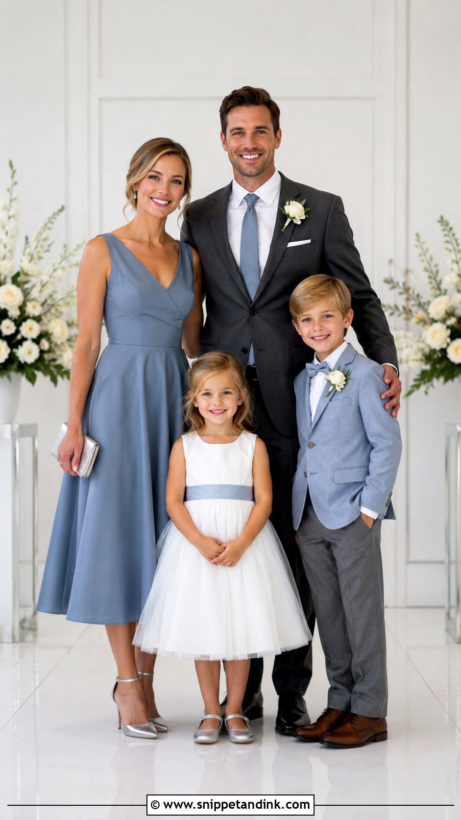 Dusty Blue Dress And Charcoal Suit Family Wedding Outfit - Snippet and Ink - 25 Family Wedding Outfits
