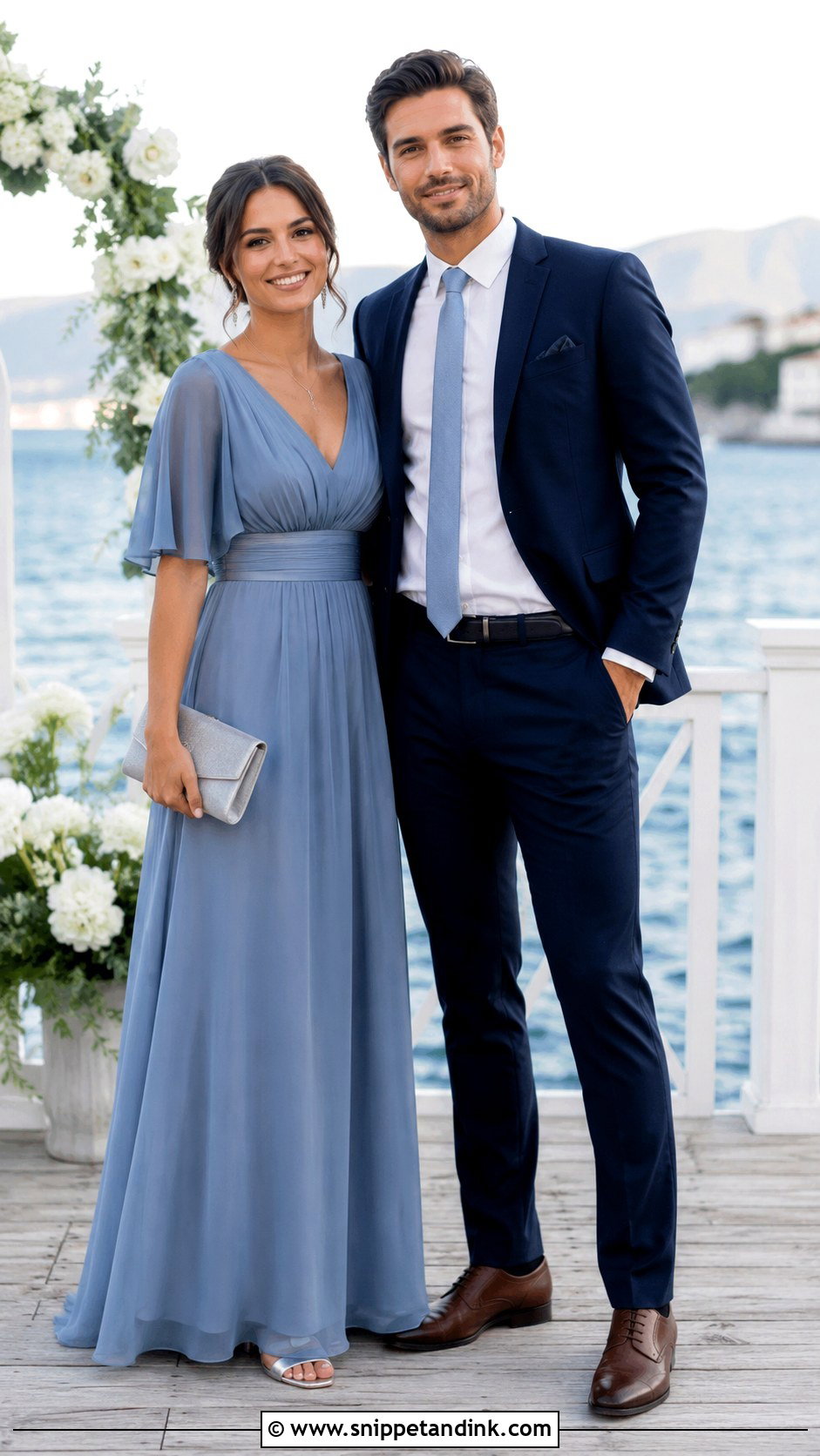 Dusty Blue Dress and Navy Suit Wedding Couple Outfit - Snippet and Ink - 20 Matching Couple Outfits for Wedding
