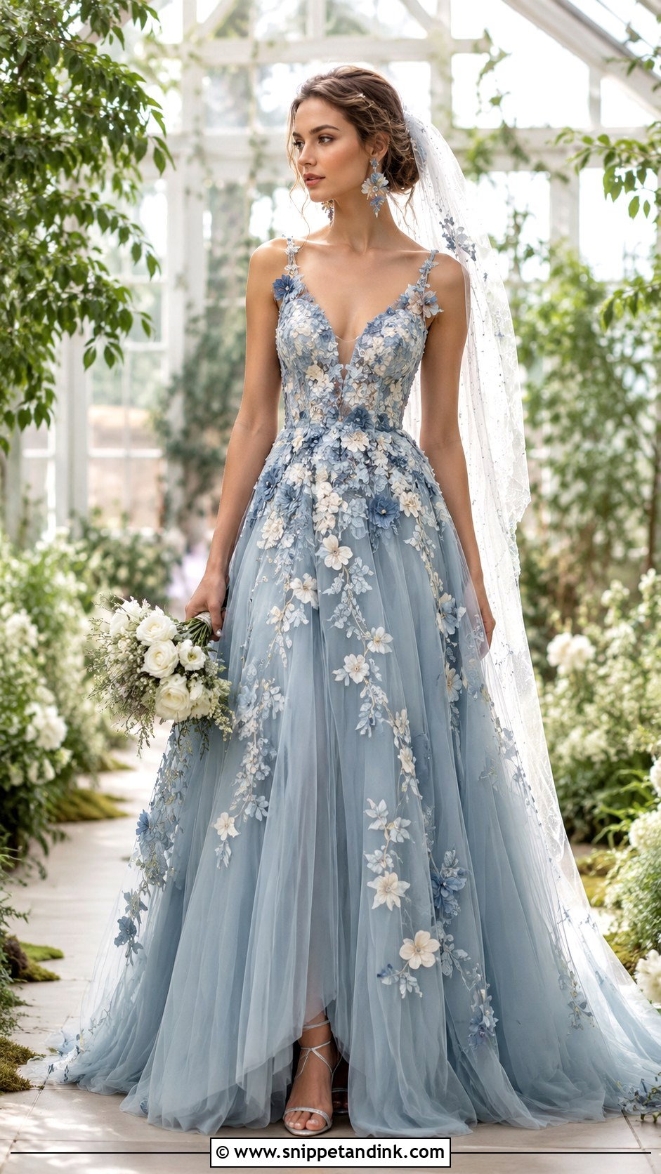 Dusty Blue Floral Applique Wedding Dress - Snippet and Ink - 20 Dusty Blue Wedding Dress Ideas