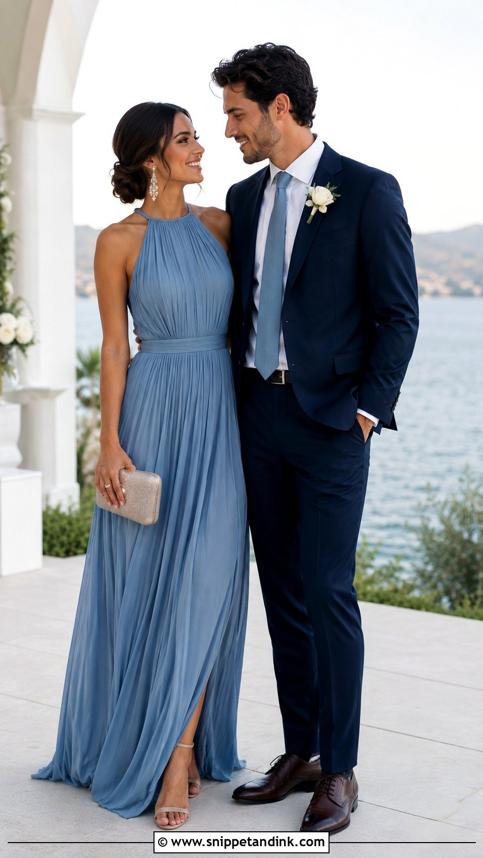 Dusty Blue Gown And Navy Suit Couple Wedding Outfit - Snippet and Ink - 20 Couple Matching Wedding Outfits