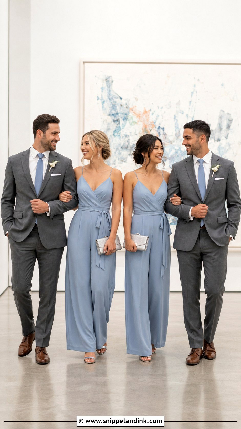 Dusty Blue Jumpsuits With Medium Gray Suits - Snippet and Ink - 20 Blue Wedding Party Attire Ideas