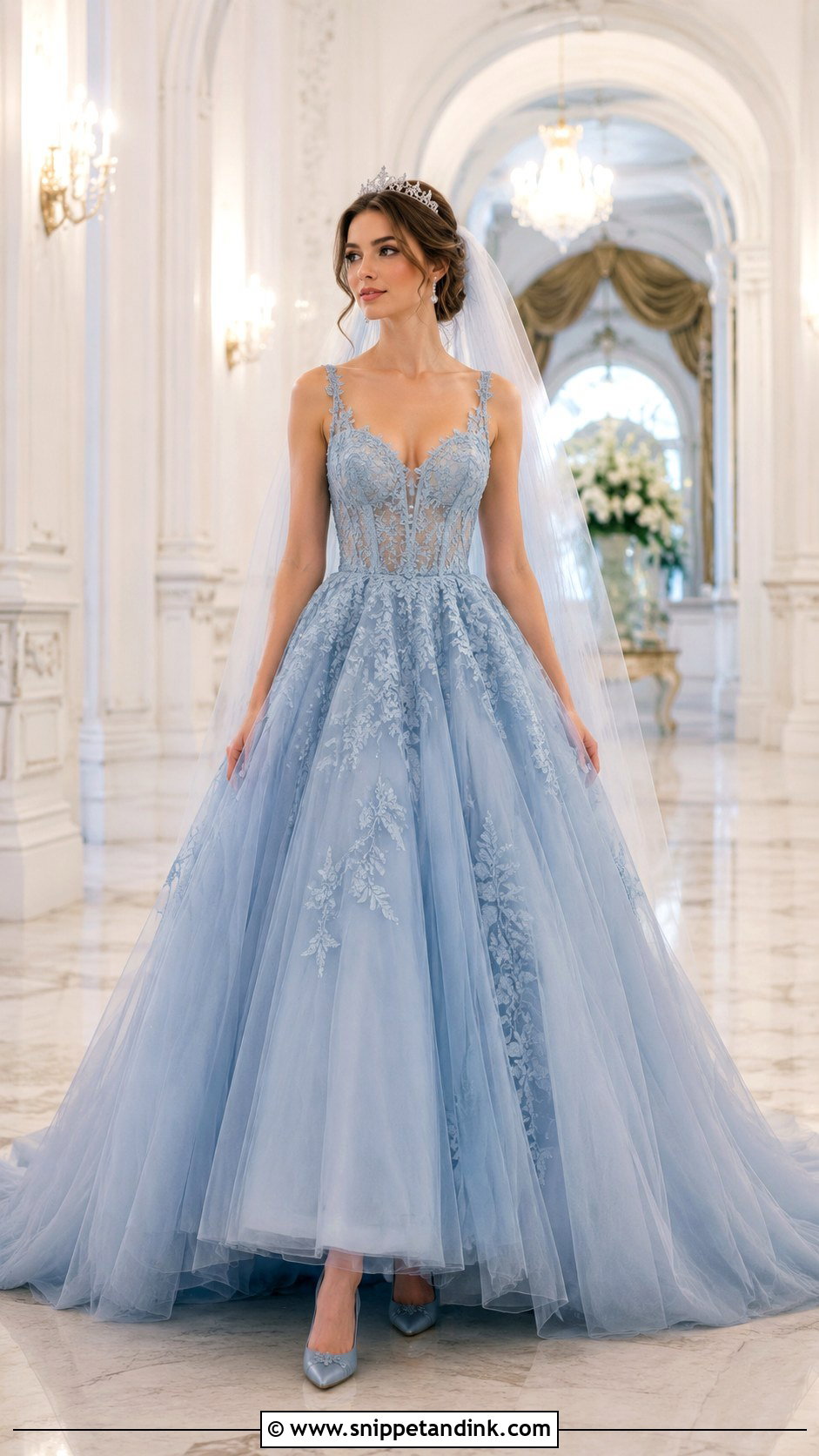 Dusty Blue Lace Ball Gown Wedding Dress - Snippet and Ink - 20 Blue Lace Wedding Dress Ideas