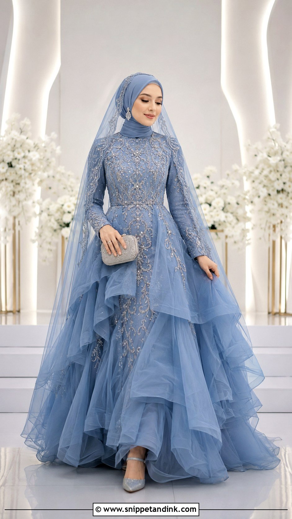 Dusty Blue Nikah Hijab With Tulle Gown - Snippet and Ink - 20 Nikah Hijab Style Ideas