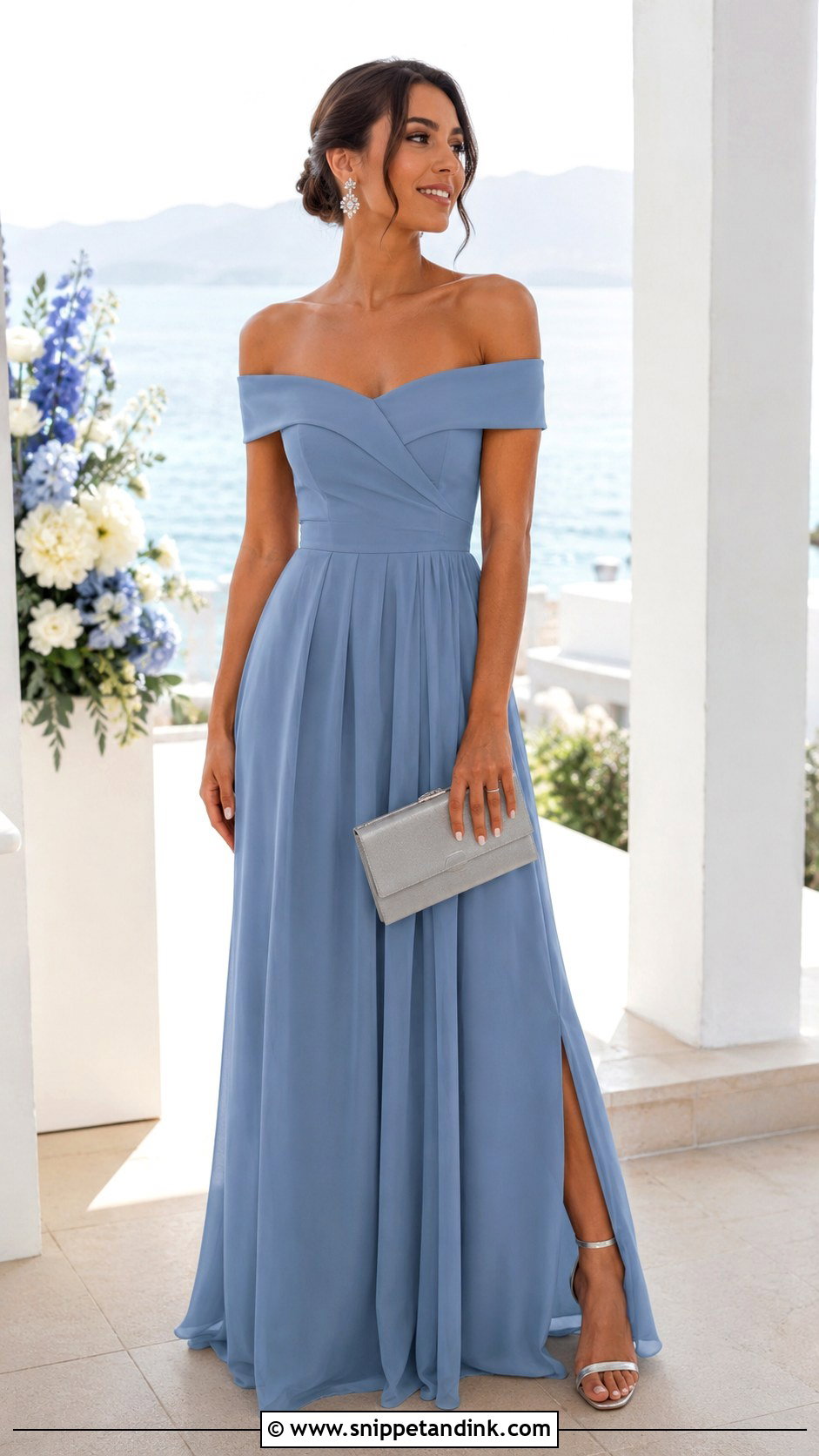 Dusty Blue Off Shoulder Bridesmaid Dress - Snippet and Ink - 20 Best Maid Dresses Designs