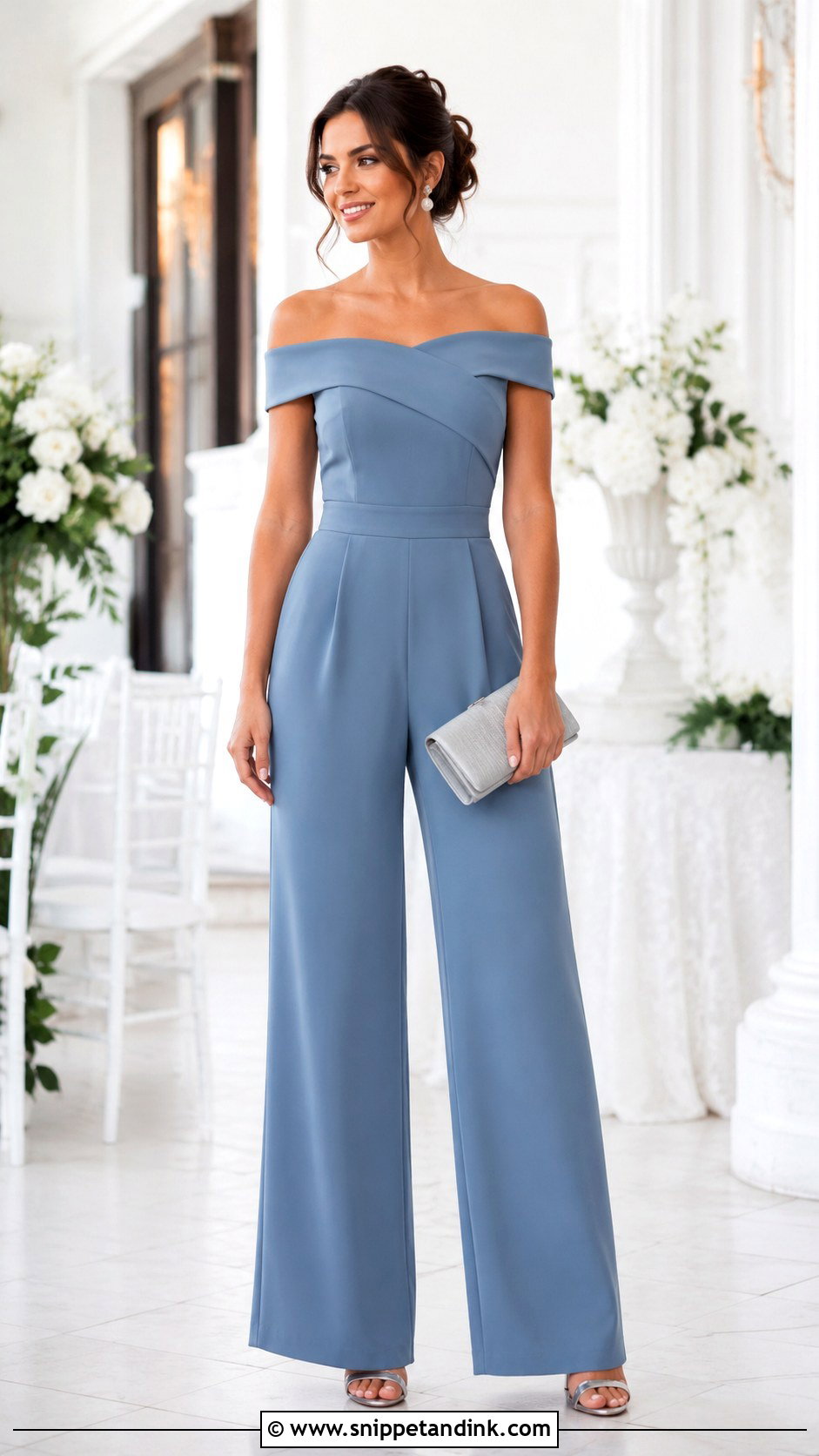 Dusty Blue Off Shoulder Jumpsuit - Snippet and Ink - 20 Formal Jumpsuits for Women Wedding Ideas