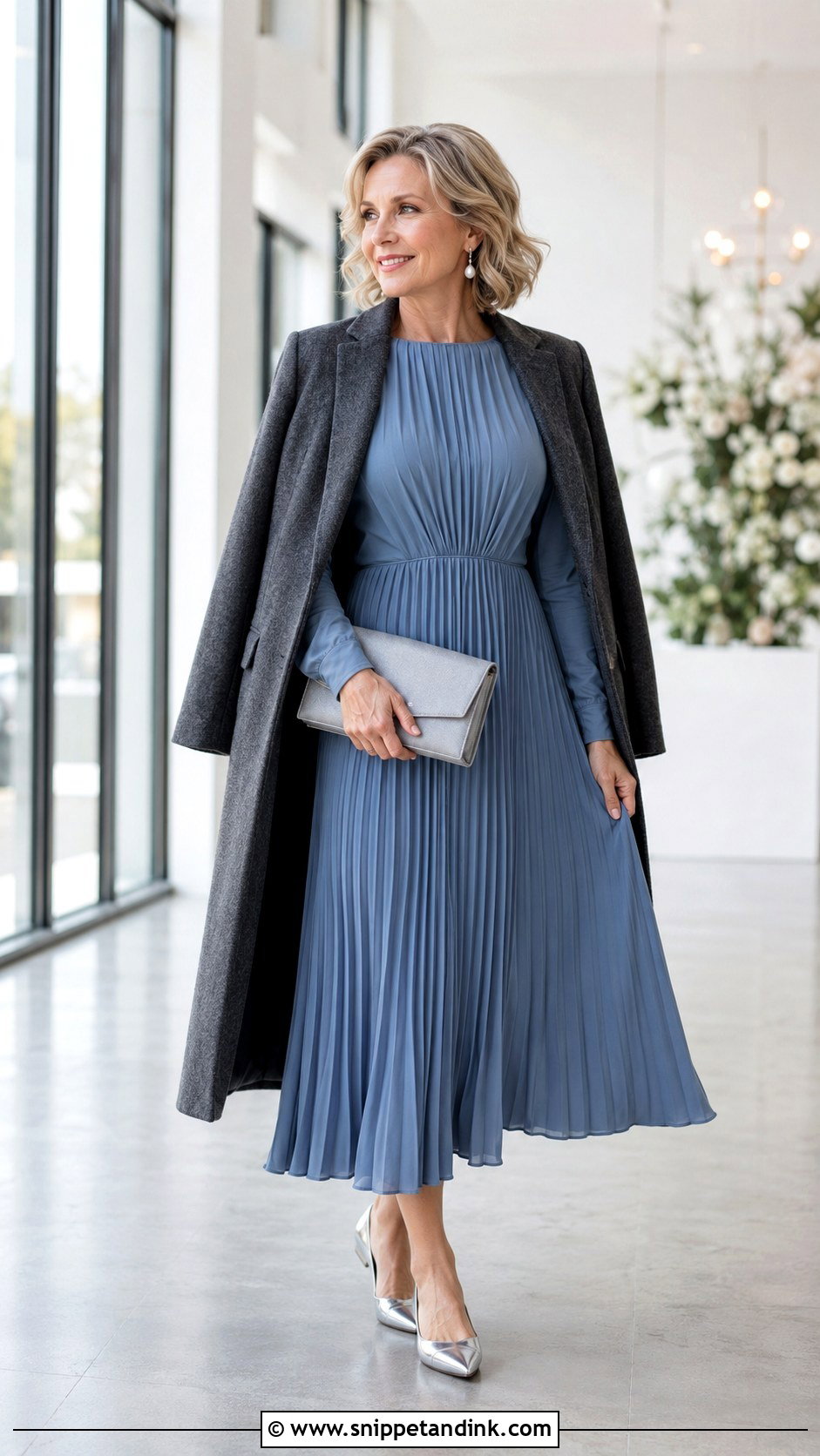 Dusty Blue Pleated Dress With Silver Flats - Snippet and Ink - 20 Casual Winter Wedding Dress Ideas