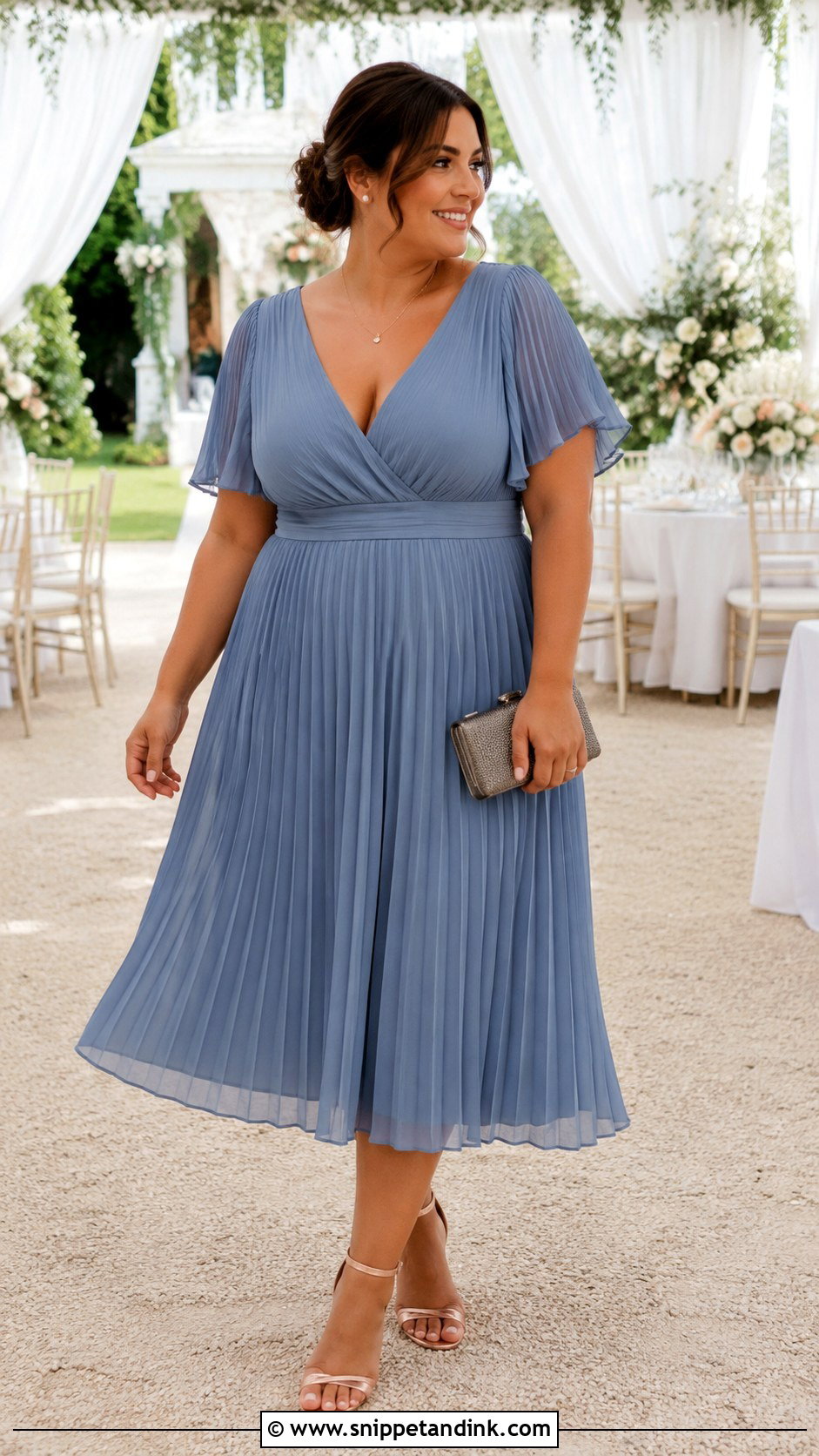 Dusty Blue Pleated Midi Wedding Outfit - Snippet and Ink - 20 Blue Wedding Outfit Ideas