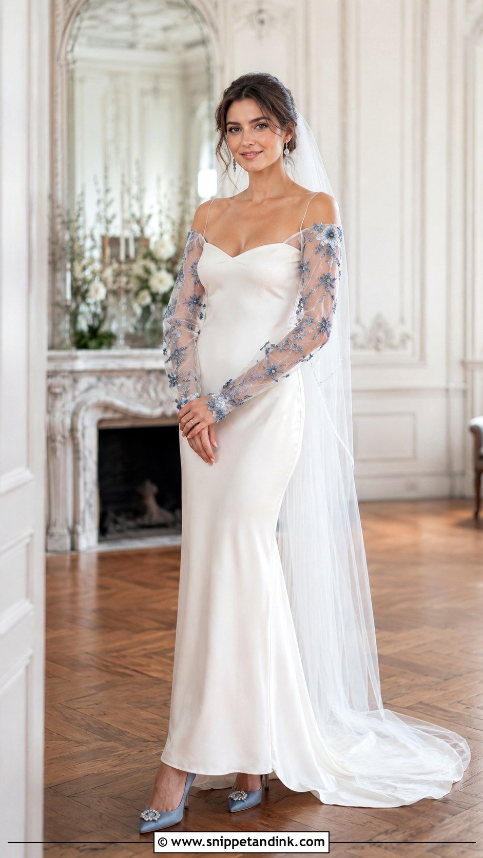 Dusty Blue Sleeve Wedding Dress - Snippet and Ink - 20 Wedding Dress with Color Accents Ideas