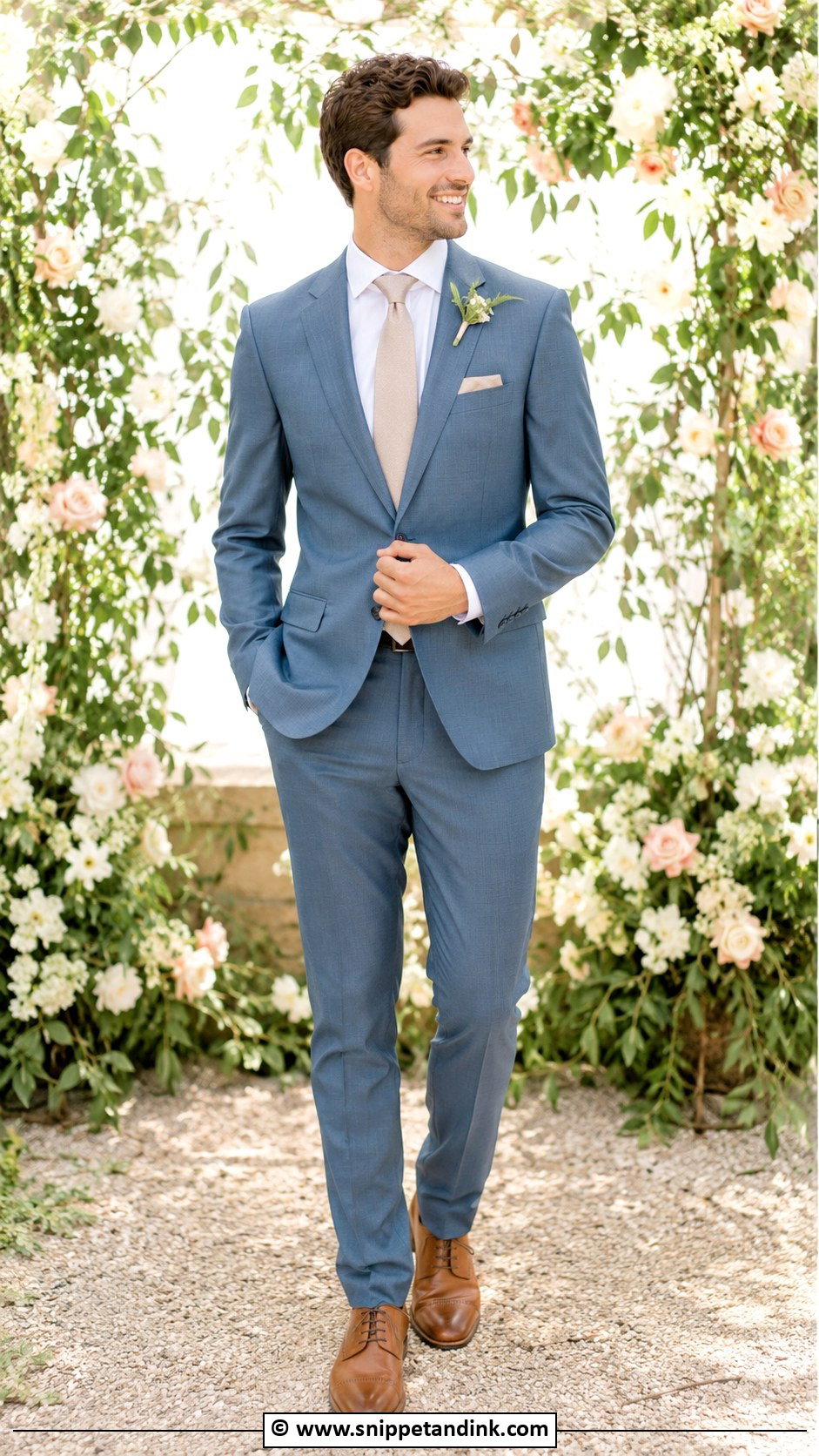 Dusty Blue Suit With Beige Tie - Snippet and Ink - 30 Blue Suit Wedding Ideas