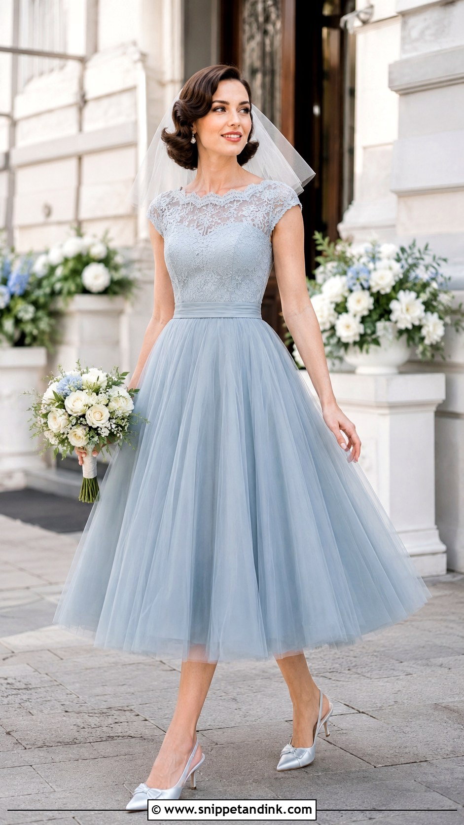 Dusty Blue Tea Length Wedding Dress - Snippet and Ink - 20 Dusty Blue Wedding Dress Ideas