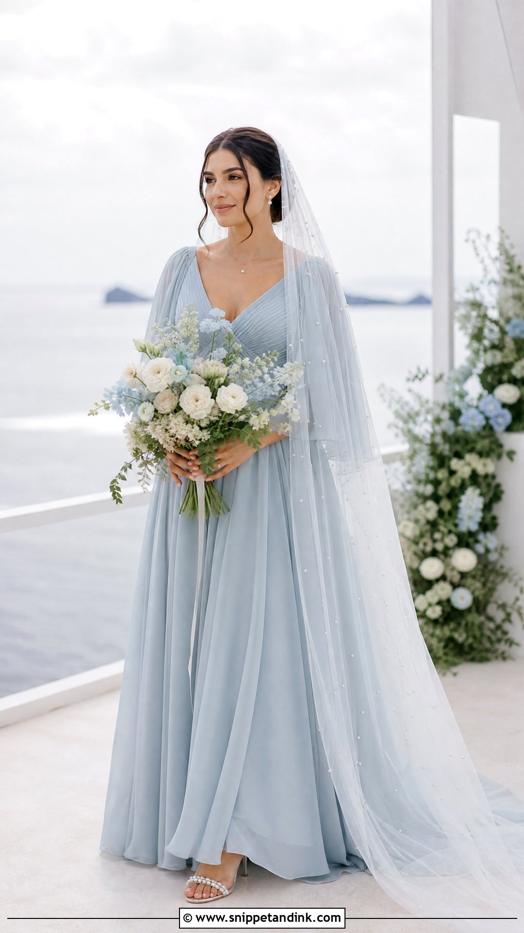 Dusty Blue Wedding Dress With Pearl Veil - Snippet and Ink - 25 Not White Wedding Dress Ideas