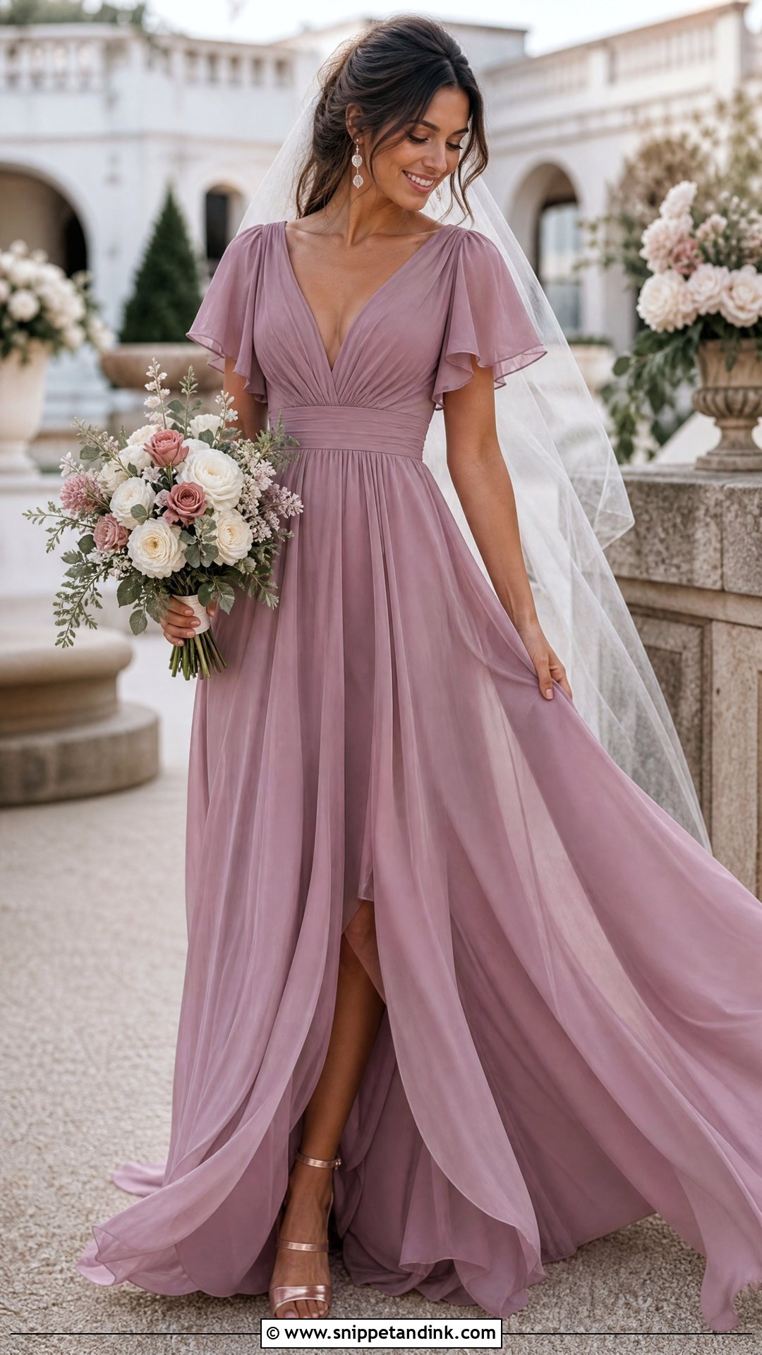 Dusty Mauve Chiffon Wedding Dress - Snippet and Ink - 25 Purple Wedding Dresses
