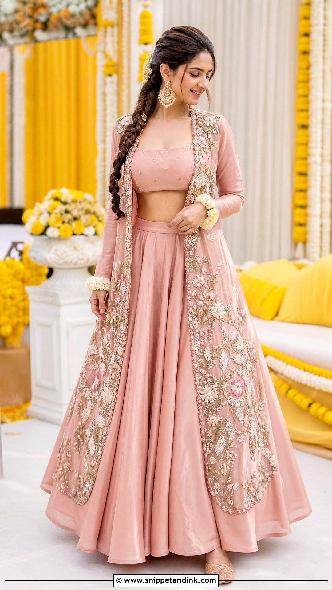 Dusty Pink Jacket Lehenga for Haldi - Snippet and Ink - 20 Pink Haldi Outfit for Bride Ideas