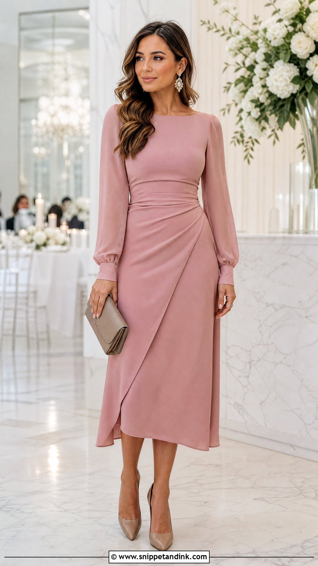 Dusty Pink Long Sleeve Dress Wedding Outfit - Snippet and Ink - 25 Pastel Dress Wedding Outfit Ideas