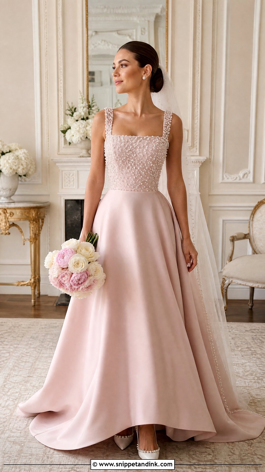 Dusty Pink Wedding Dress With Pearl Details - Snippet and Ink - 20 Dusty Pink Wedding Dress Outfit Ideas