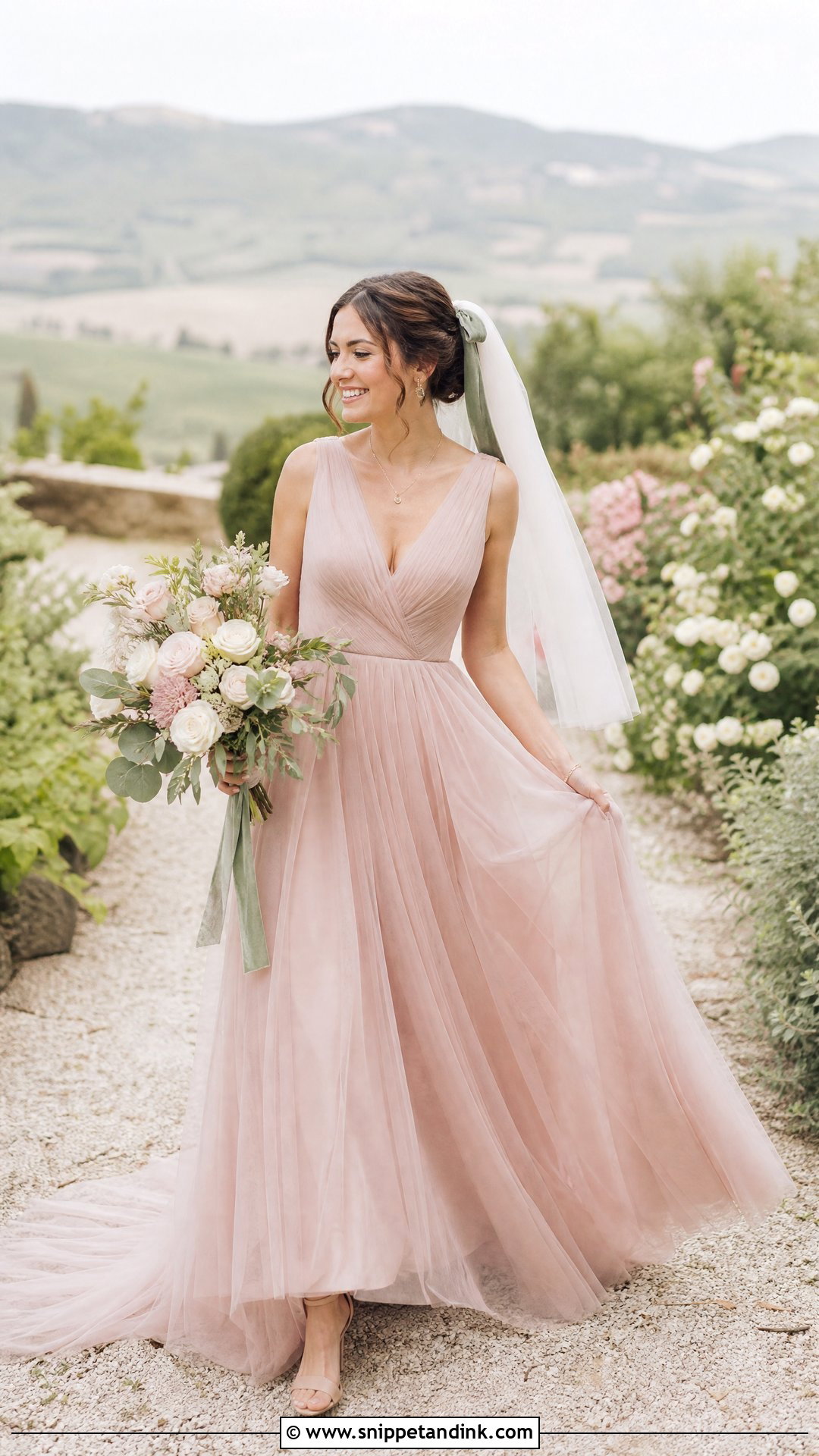 Dusty Pink Wedding Dress With Sage Accessories - Snippet and Ink - 20 Dusty Pink Wedding Dress Outfit Ideas
